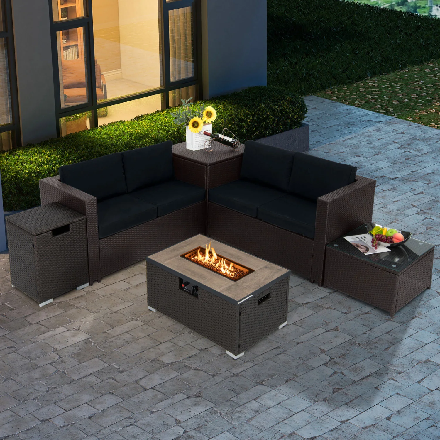 6-Piece Outdoor Wicker Set with 32" Propane Fire Pit, Black - Image 3