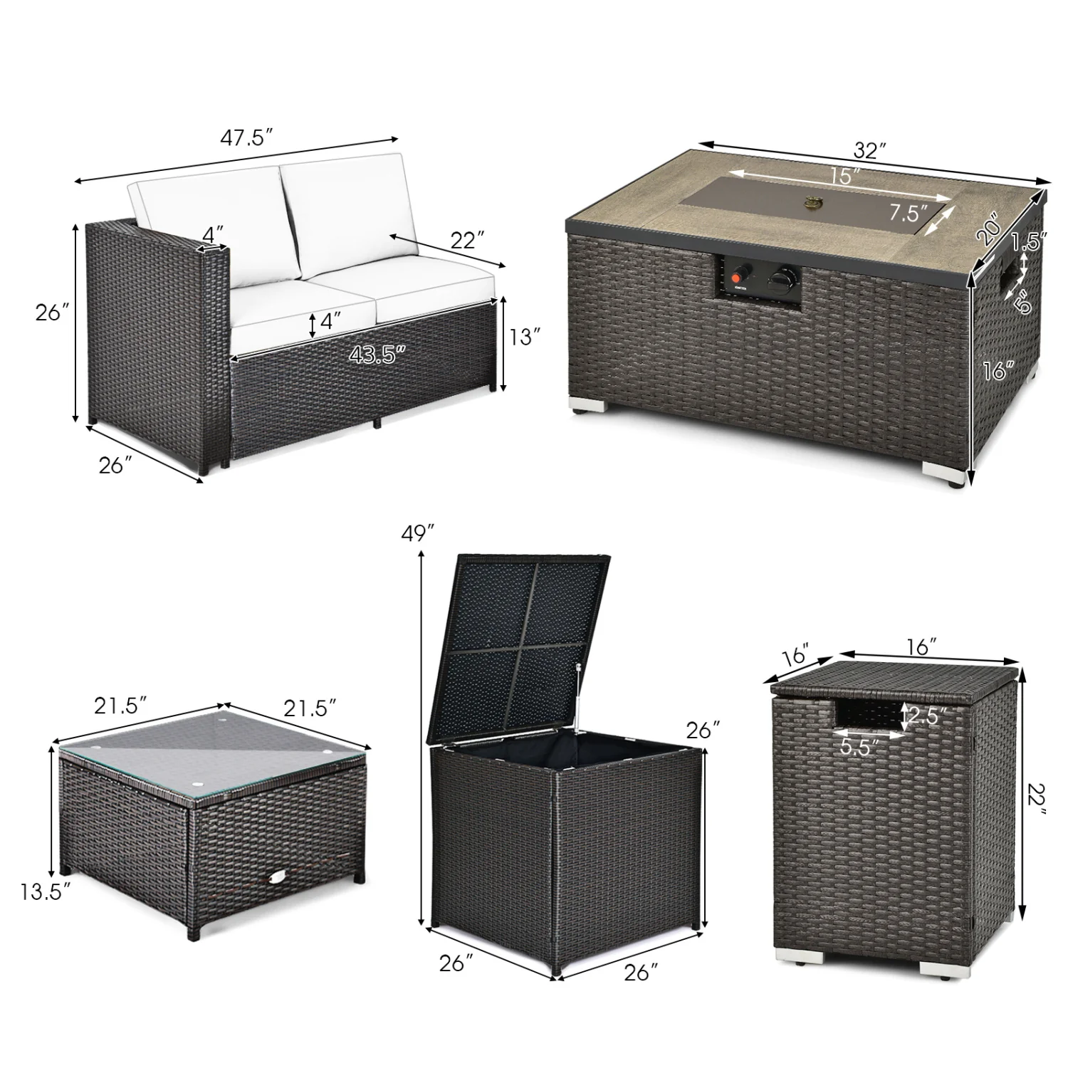 6-Piece Outdoor Wicker Set with 32" Propane Fire Pit, Black - Image 4