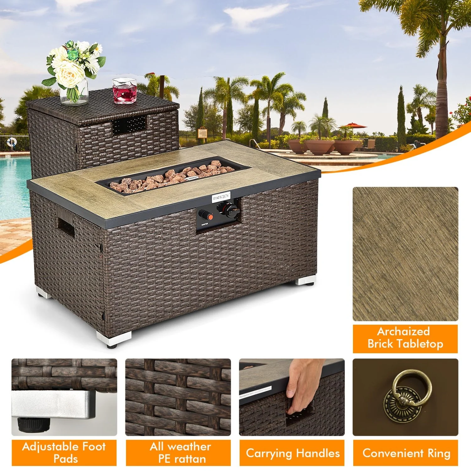 6-Piece Outdoor Wicker Set with 32" Propane Fire Pit, Black - Image 7