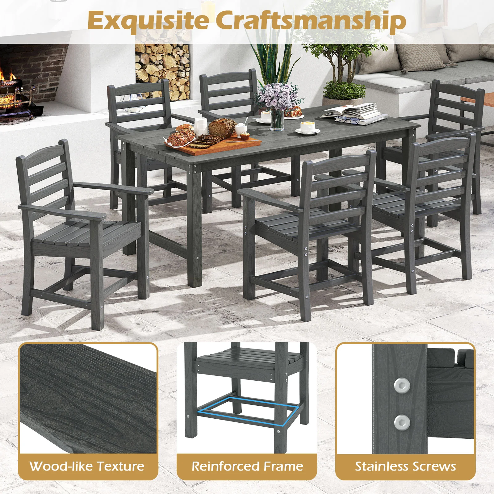 6 Piece Patio Dining Bench Set, HDPE Weather Resistant, Gray - Image 9