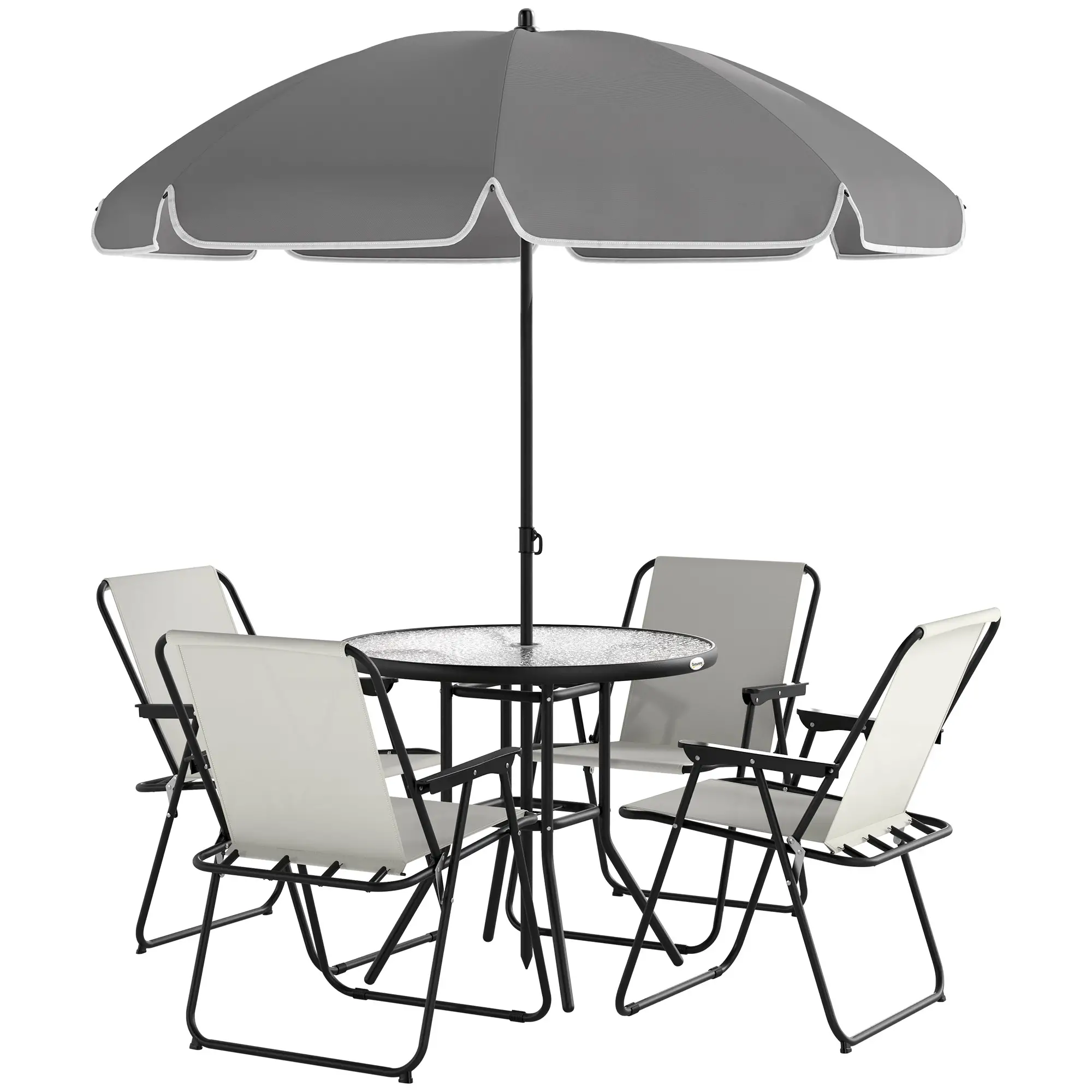 6 Piece Patio Dining Set, Glass Table, Folding Chairs, Cream White