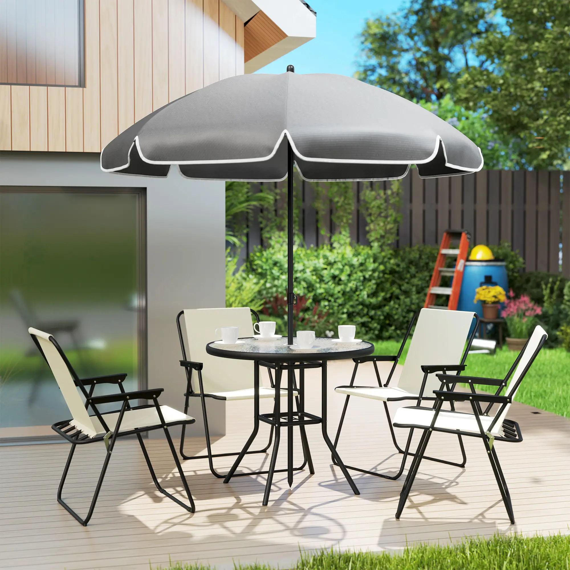 6 Piece Patio Dining Set, Glass Table, Folding Chairs, Cream White - Image 10
