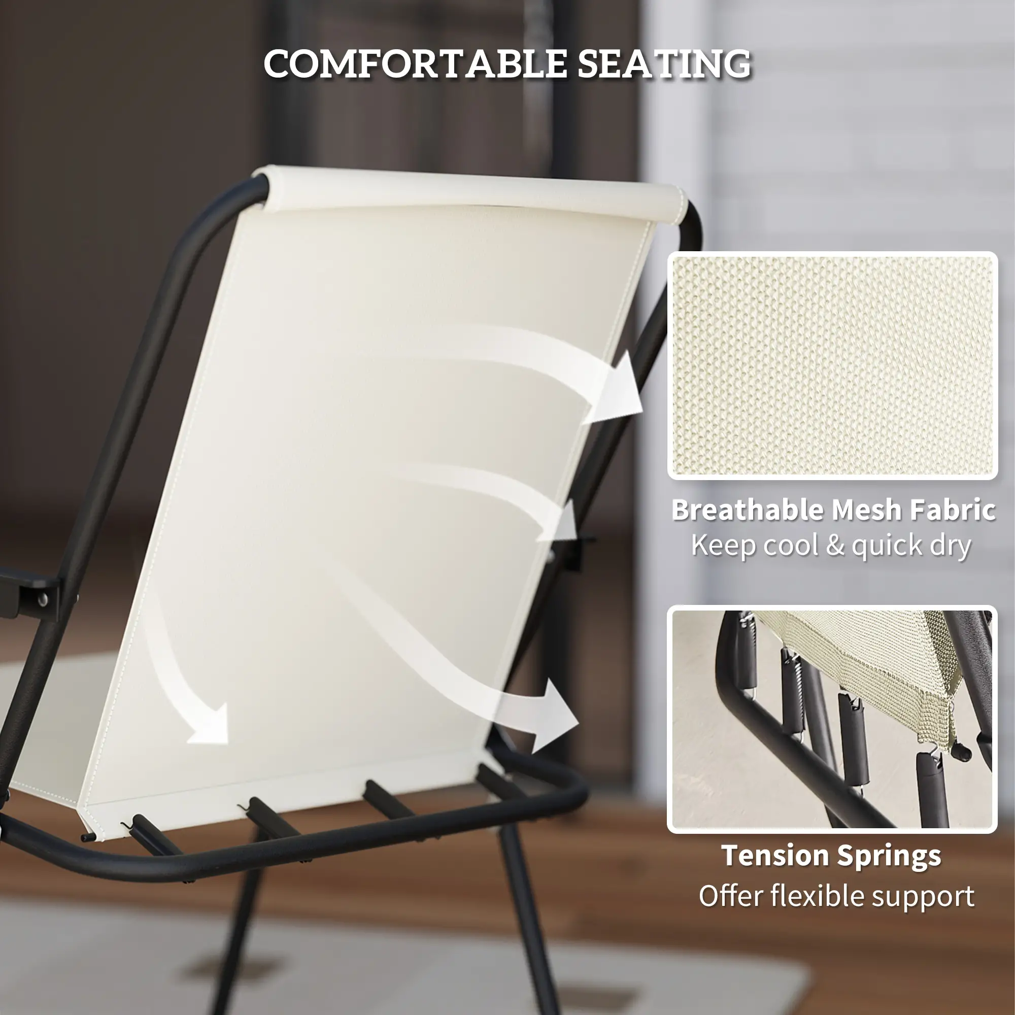 6 Piece Patio Dining Set, Glass Table, Folding Chairs, Cream White - Image 6