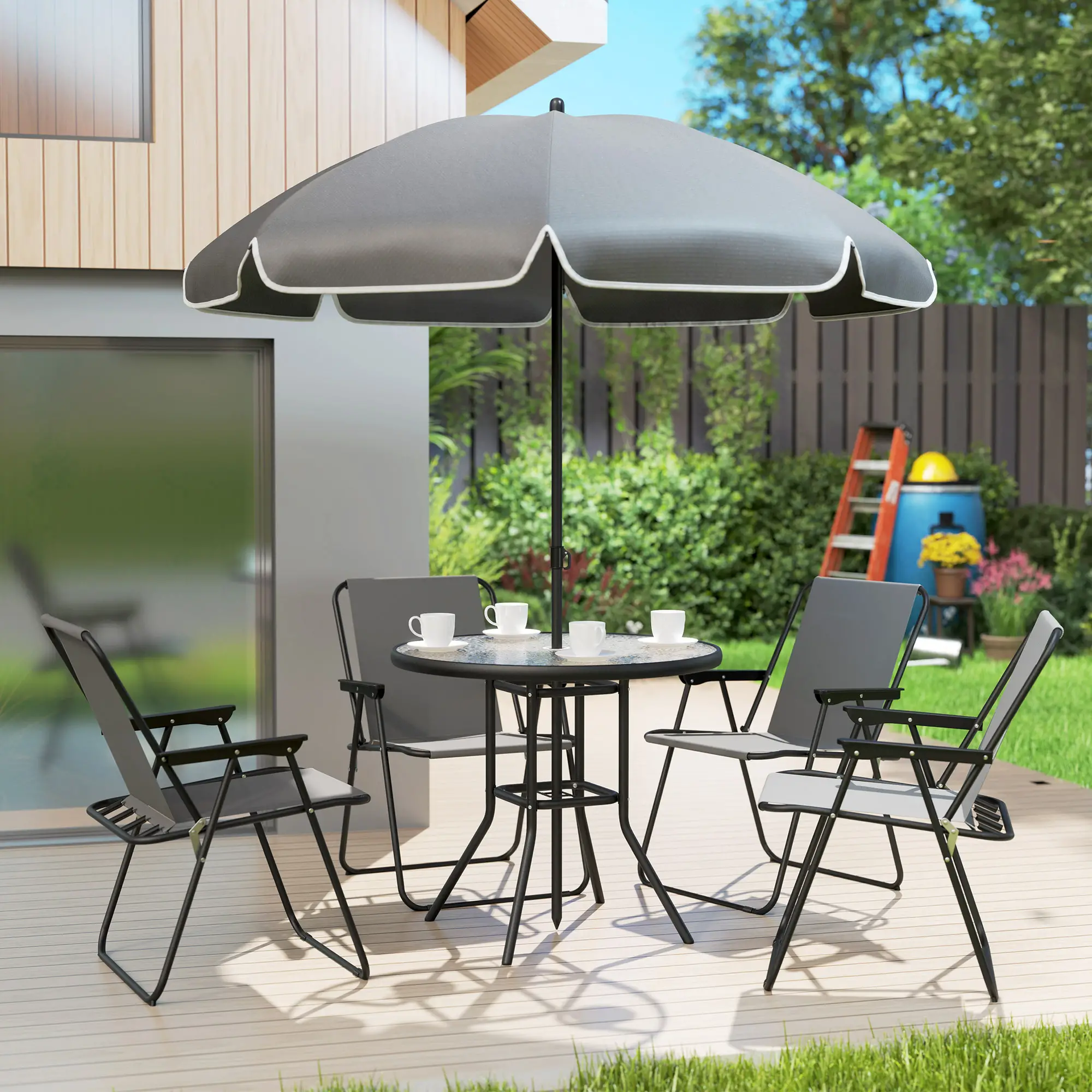 6-Piece Patio Dining Set, Umbrella, Folding Chairs, Glass Table, Grey - Image 10