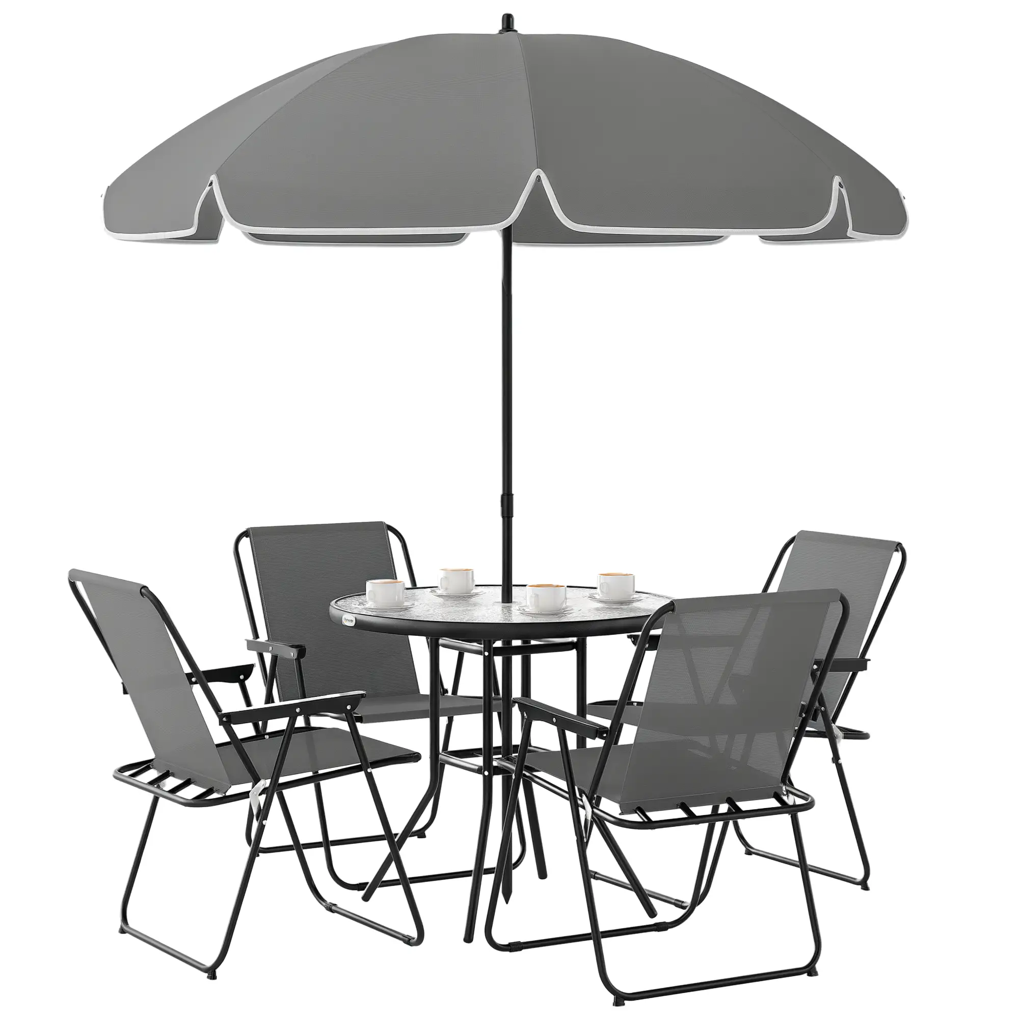 6-Piece Patio Dining Set, Umbrella, Folding Chairs, Glass Table, Grey - Image 11