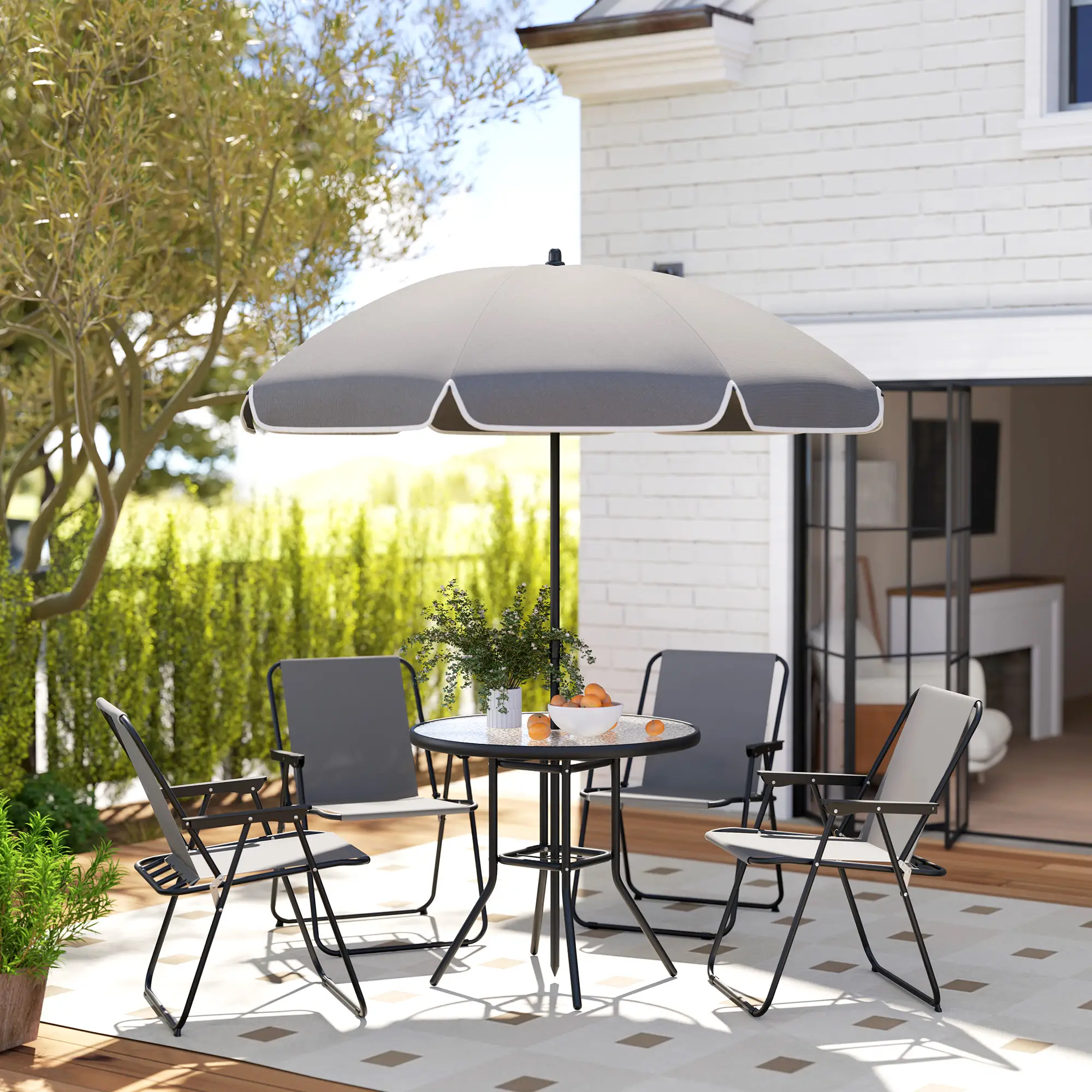 6-Piece Patio Dining Set, Umbrella, Folding Chairs, Glass Table, Grey - Image 2