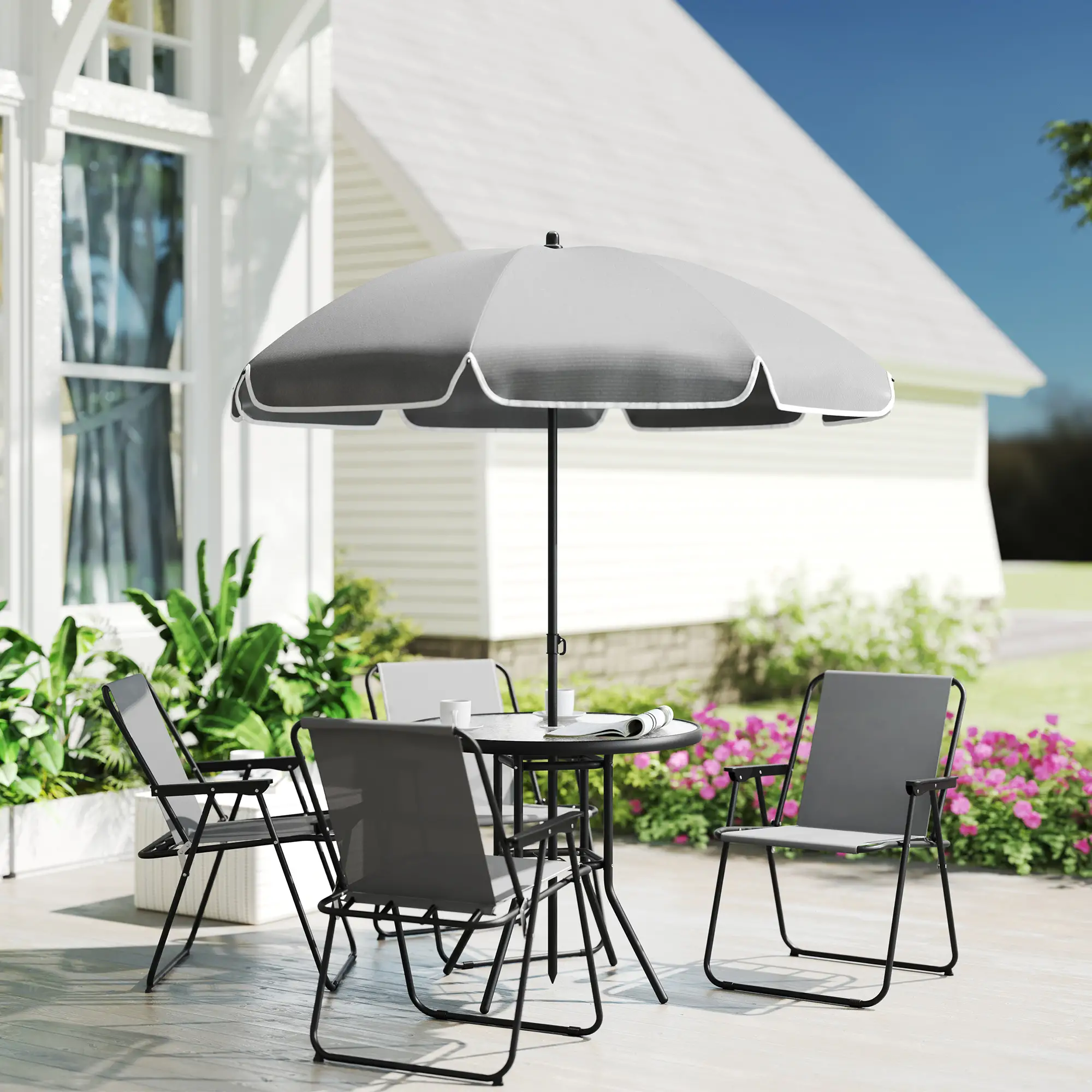 6-Piece Patio Dining Set, Umbrella, Folding Chairs, Glass Table, Grey - Image 8