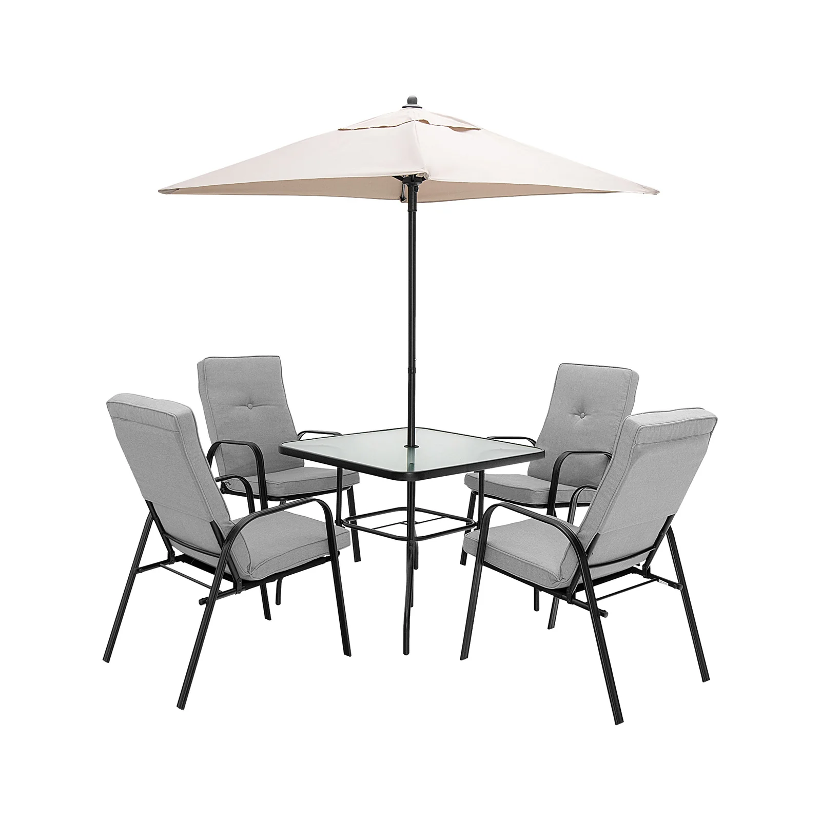 6-Piece Patio Dining Set, Umbrella, Stackable Cushioned Chairs, Gray