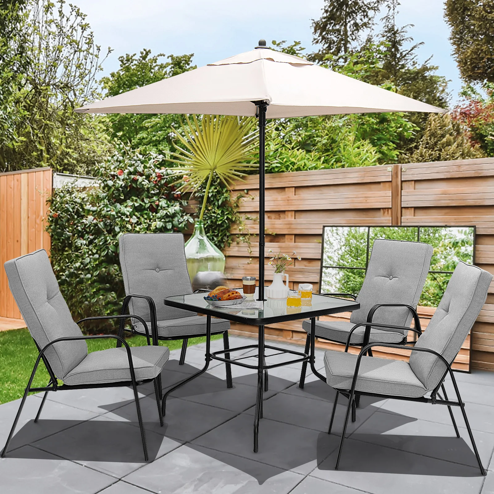 6-Piece Patio Dining Set, Umbrella, Stackable Cushioned Chairs, Gray - Image 3