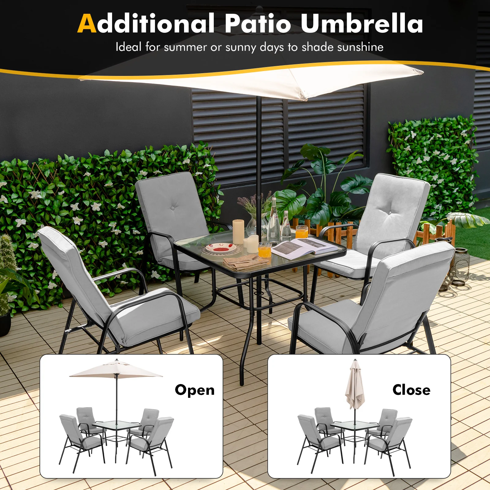 6-Piece Patio Dining Set, Umbrella, Stackable Cushioned Chairs, Gray - Image 4