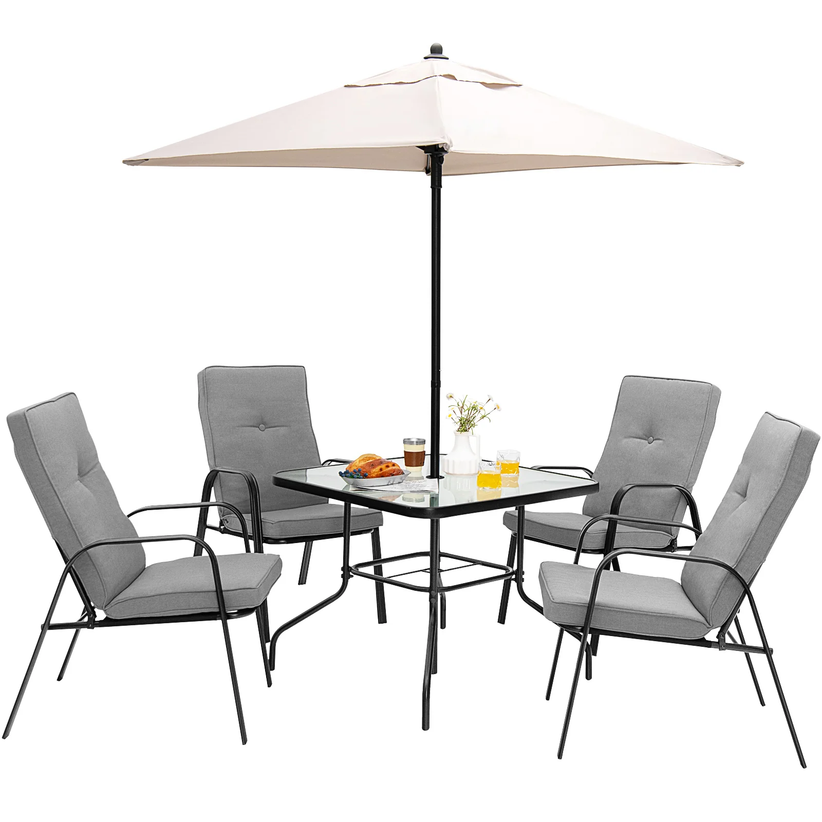 6-Piece Patio Dining Set, Umbrella, Stackable Cushioned Chairs, Gray - Image 5