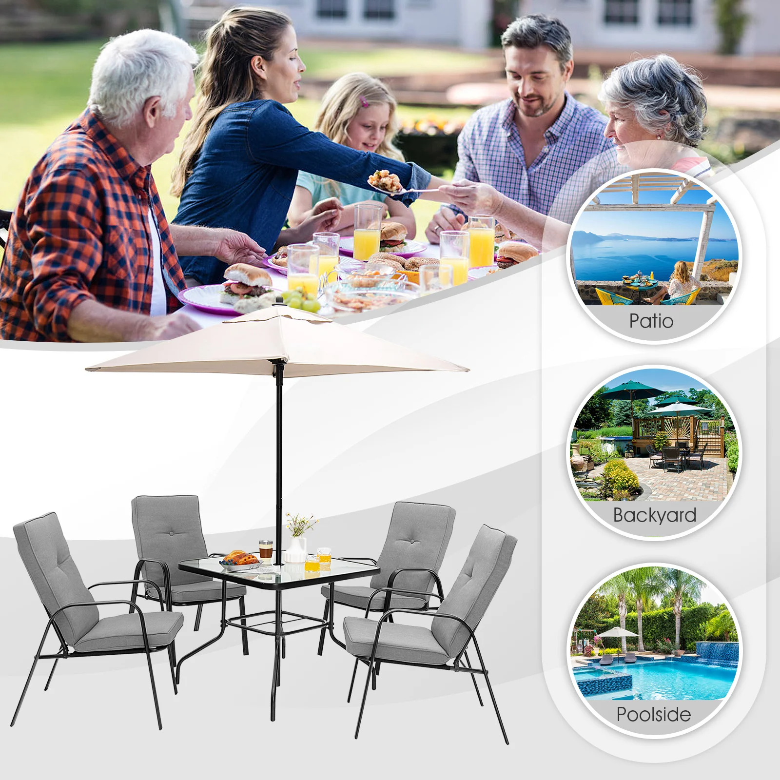 6-Piece Patio Dining Set, Umbrella, Stackable Cushioned Chairs, Gray - Image 7