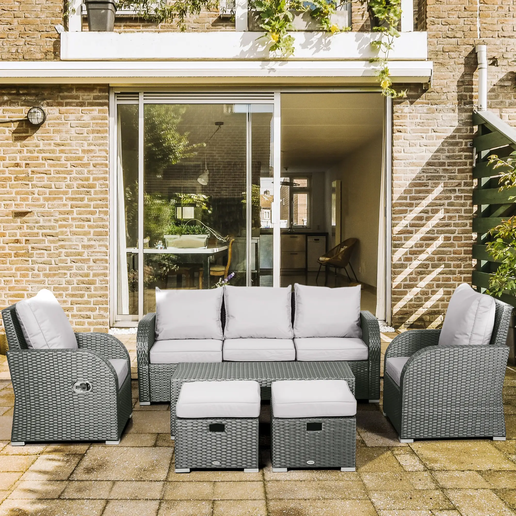 6-Piece Patio Furniture Set, Outdoor Rattan Sectional with Recliner, Lawn Garden Backyard - Image 2