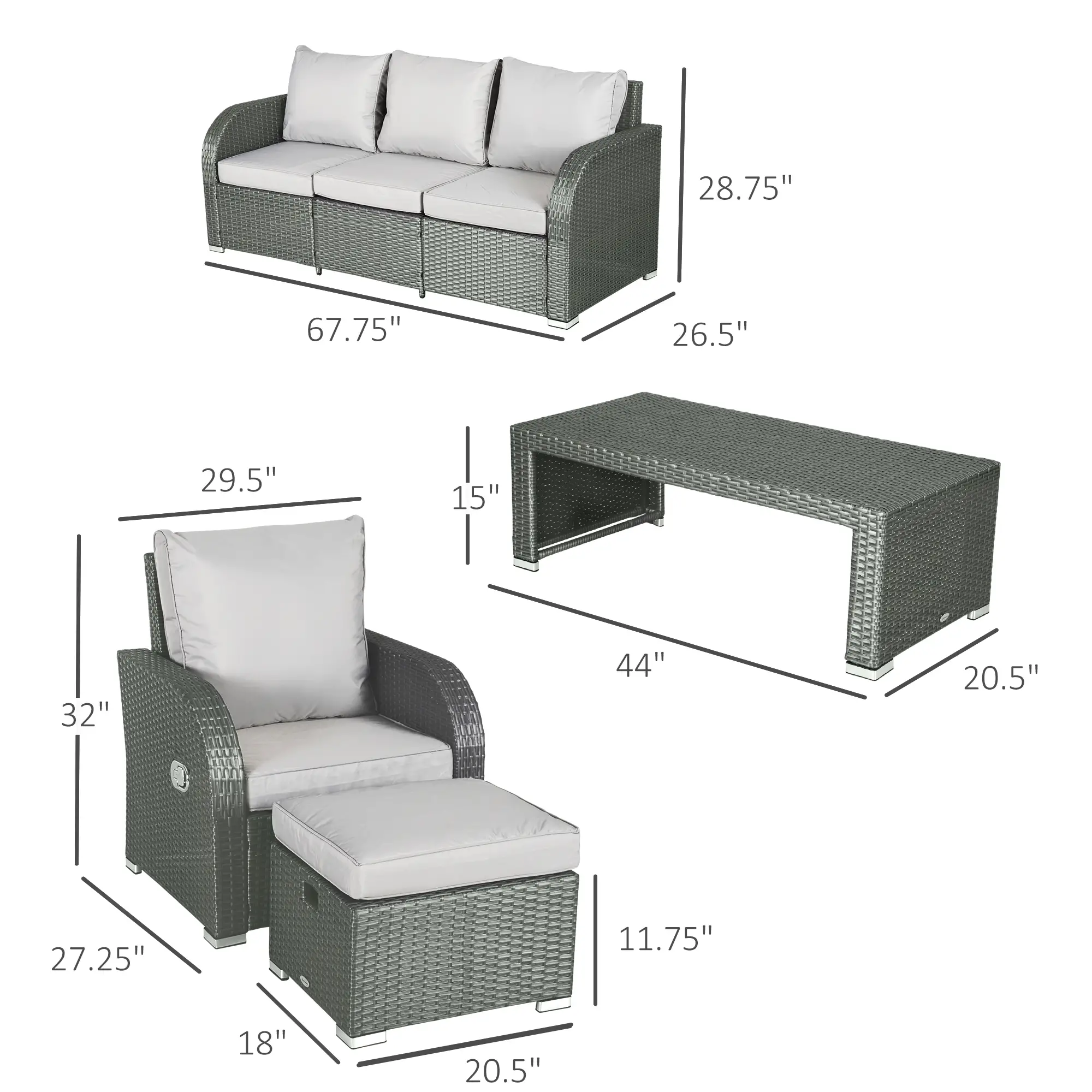 6-Piece Patio Furniture Set, Outdoor Rattan Sectional with Recliner, Lawn Garden Backyard - Image 3
