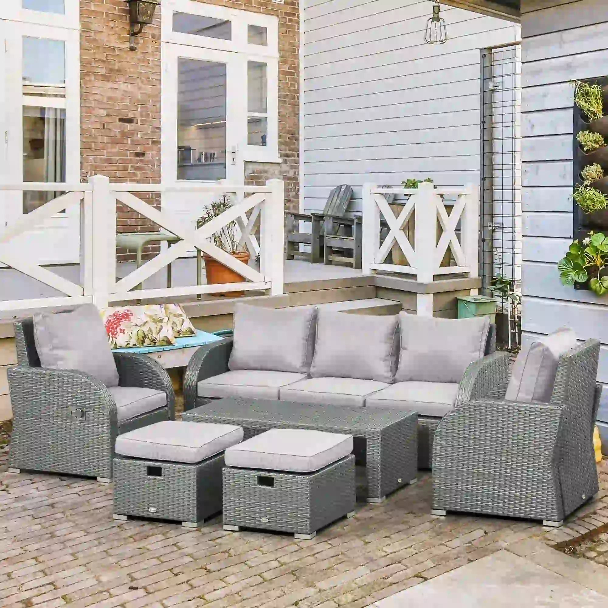 6-Piece Patio Furniture Set, Outdoor Rattan Sectional with Recliner, Lawn Garden Backyard - Image 9