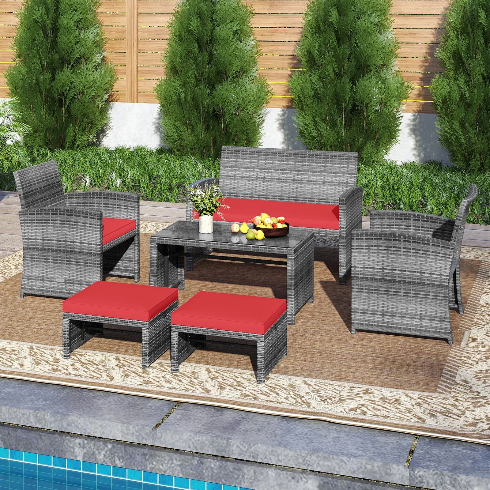 6-Piece Patio Furniture Set, Outdoor Sectional PE Rattan Sofa, Red - Image 2