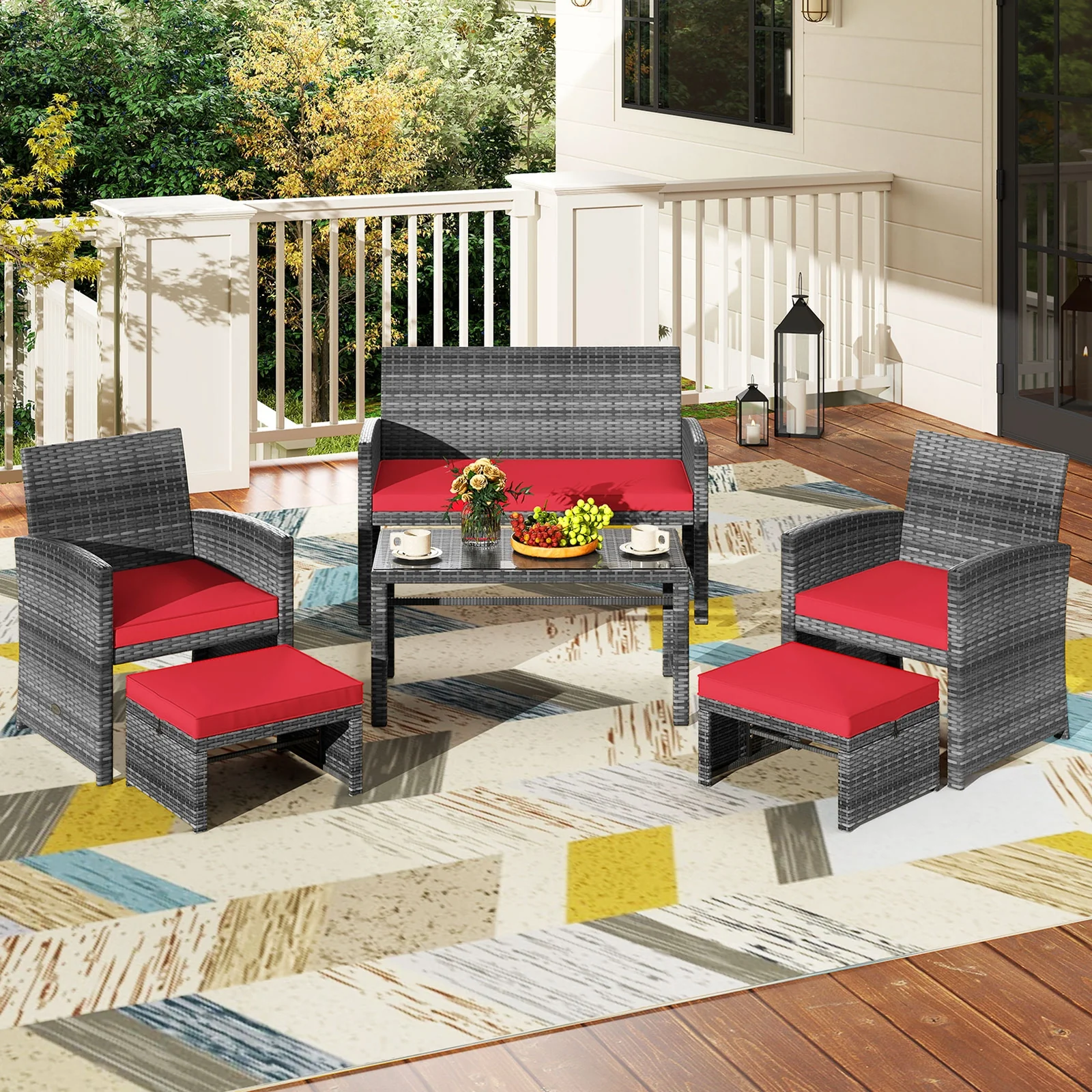 6-Piece Patio Furniture Set, Outdoor Sectional PE Rattan Sofa, Red - Image 3