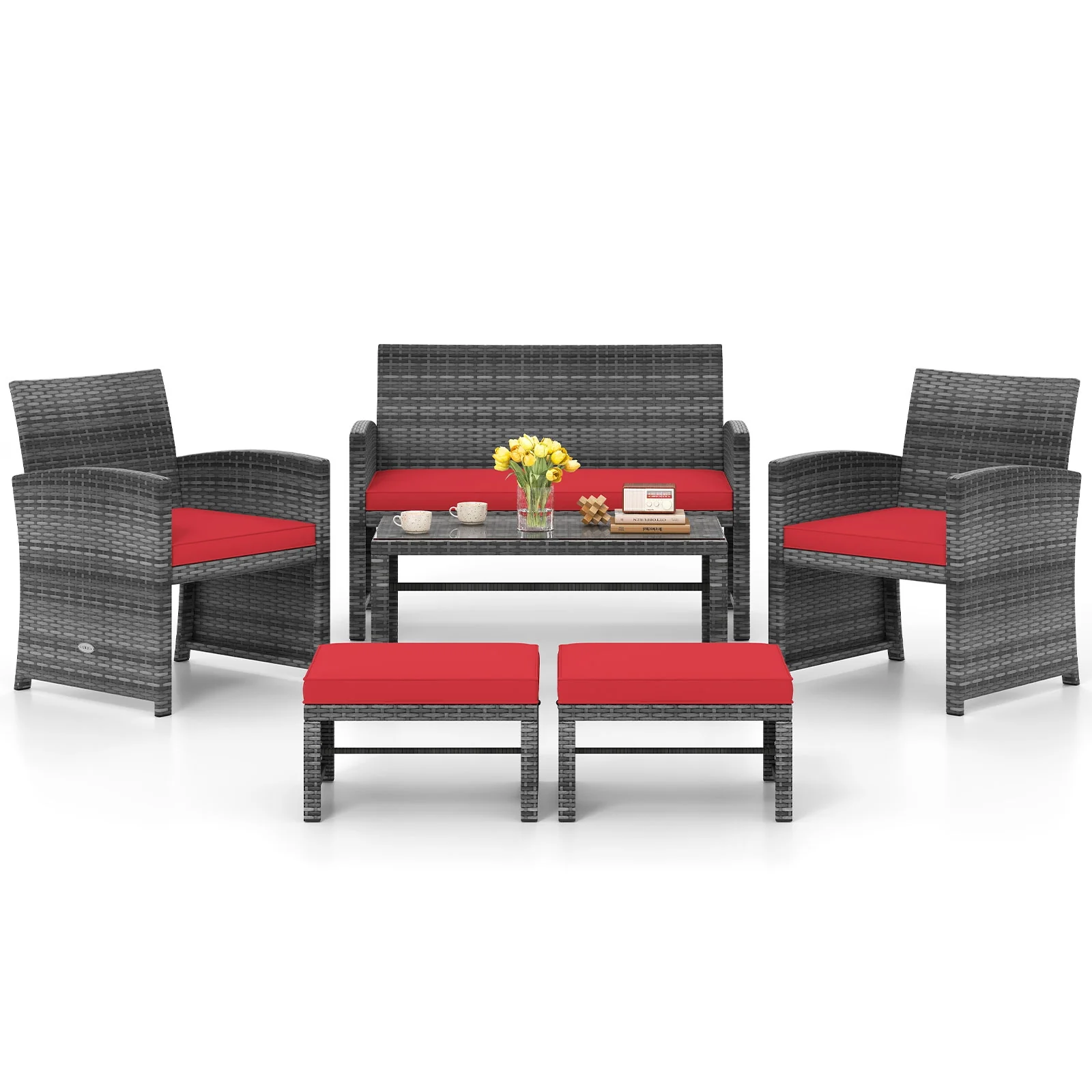6-Piece Patio Furniture Set, Outdoor Sectional PE Rattan Sofa, Red - Image 5