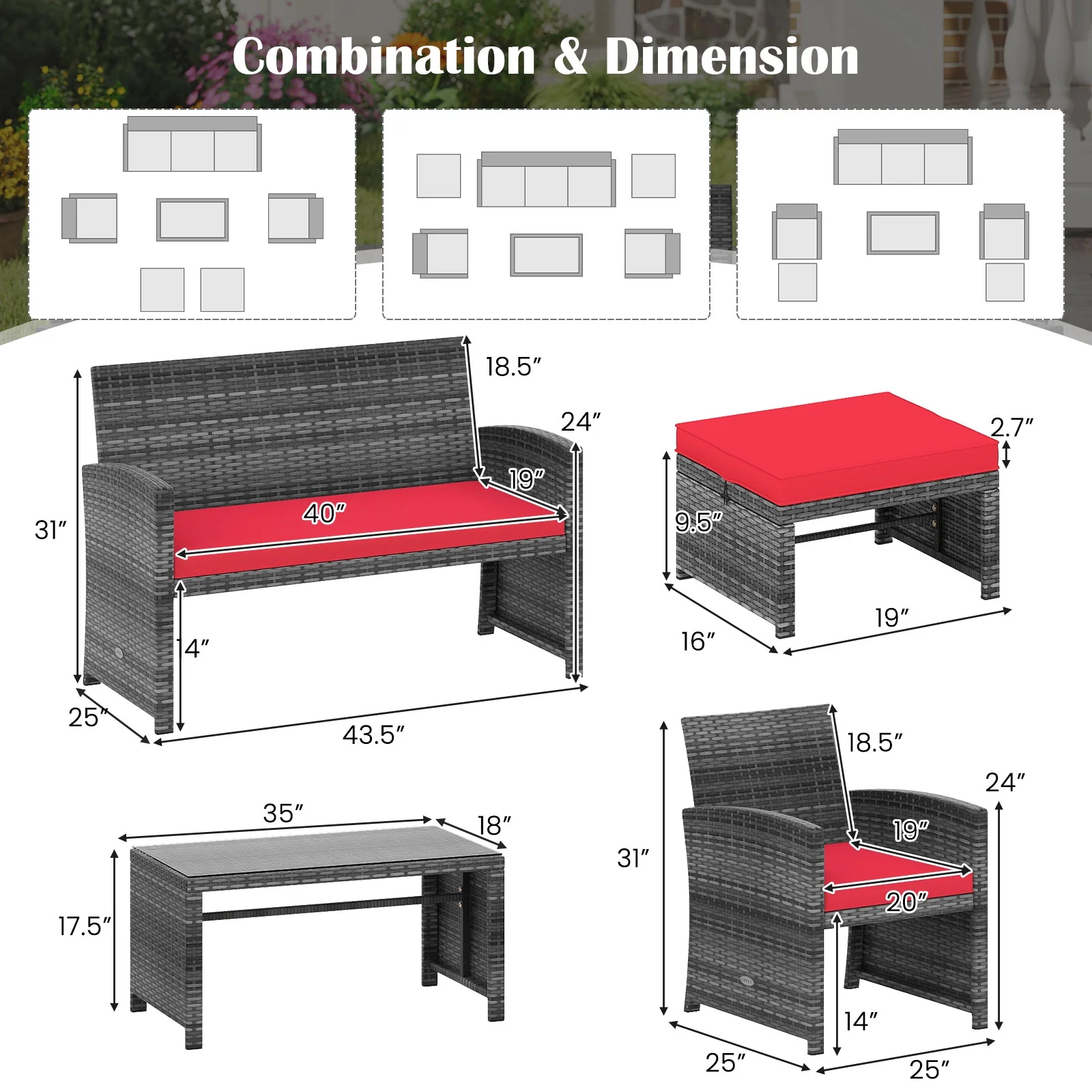 6-Piece Patio Furniture Set, Outdoor Sectional PE Rattan Sofa, Red - Image 6