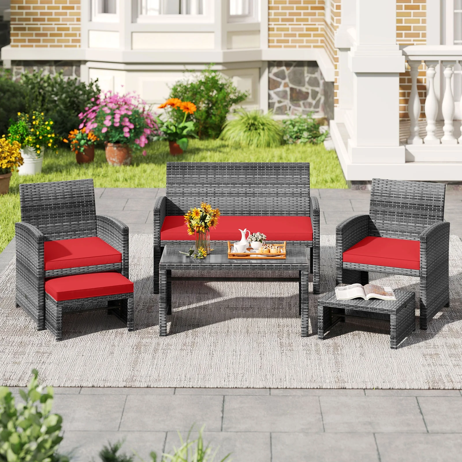 6-Piece Patio Furniture Set, Outdoor Sectional PE Rattan Sofa, Red - Image 7