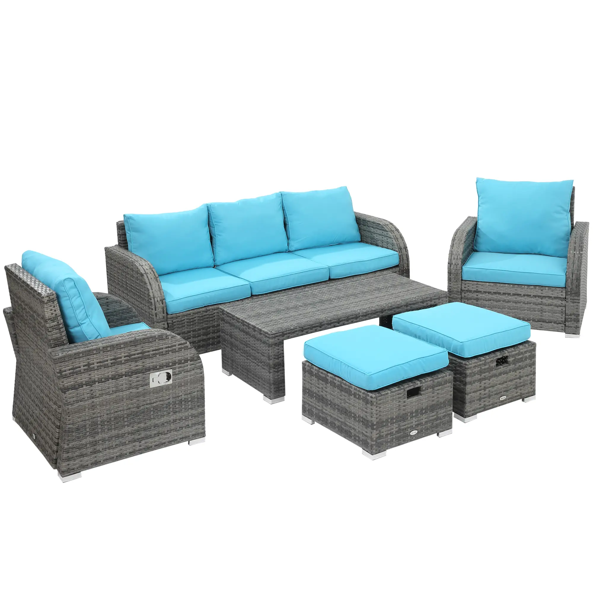 6-Piece Patio Furniture Set, Wicker Sectional Sofa, 2 Recliners, 2 Footstools, Table, Sky Blue