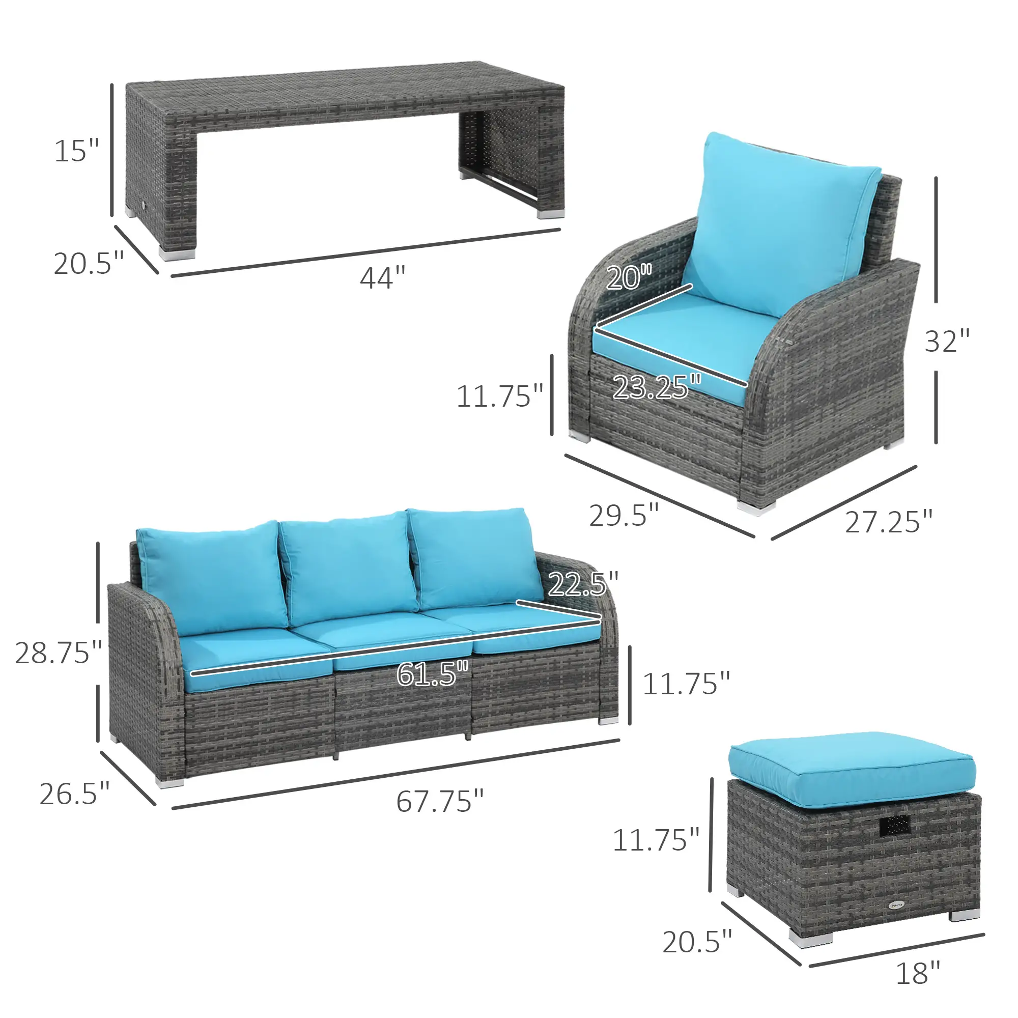 6-Piece Patio Furniture Set, Wicker Sectional Sofa, 2 Recliners, 2 Footstools, Table, Sky Blue - Image 3