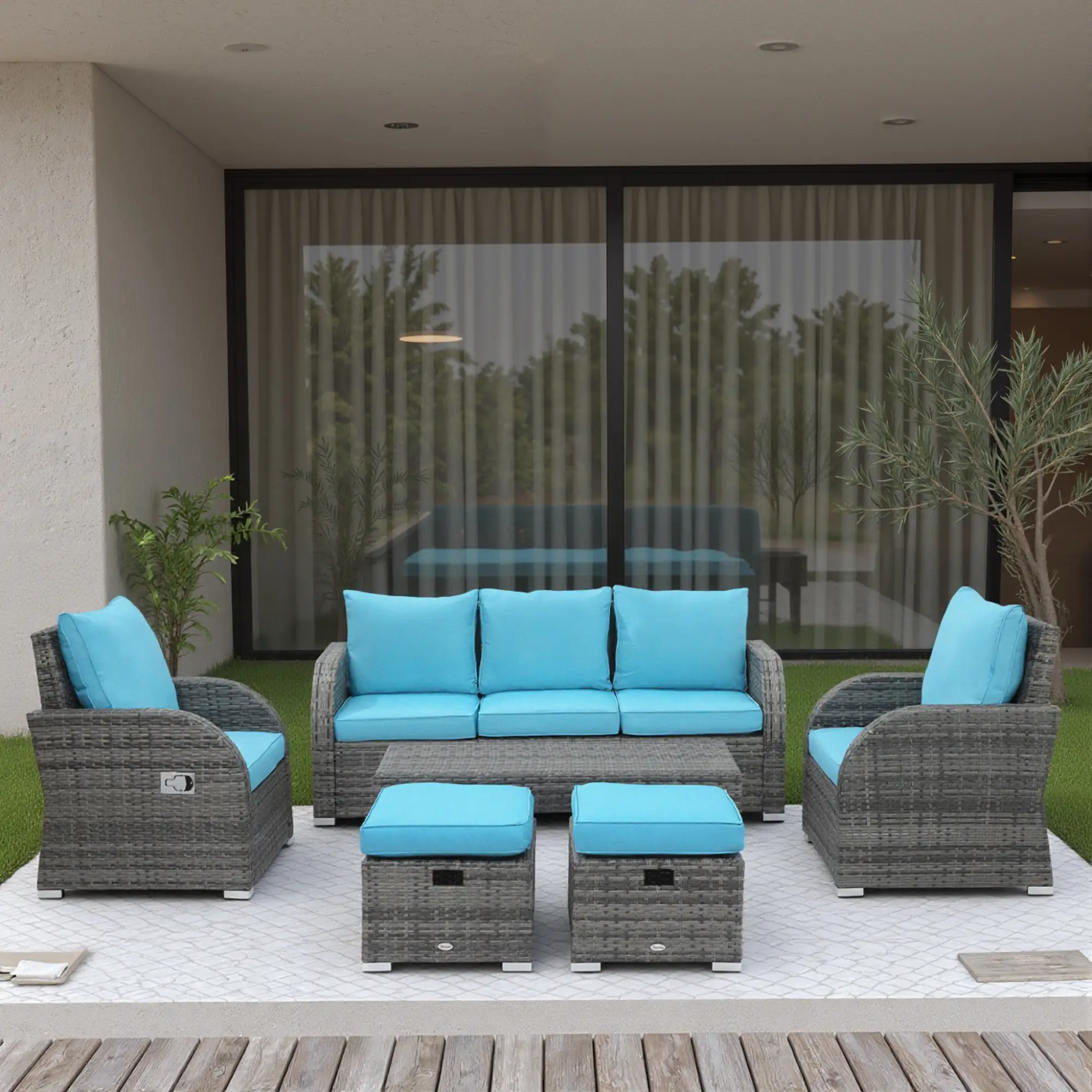 6-Piece Patio Furniture Set, Wicker Sectional Sofa, 2 Recliners, 2 Footstools, Table, Sky Blue - Image 8