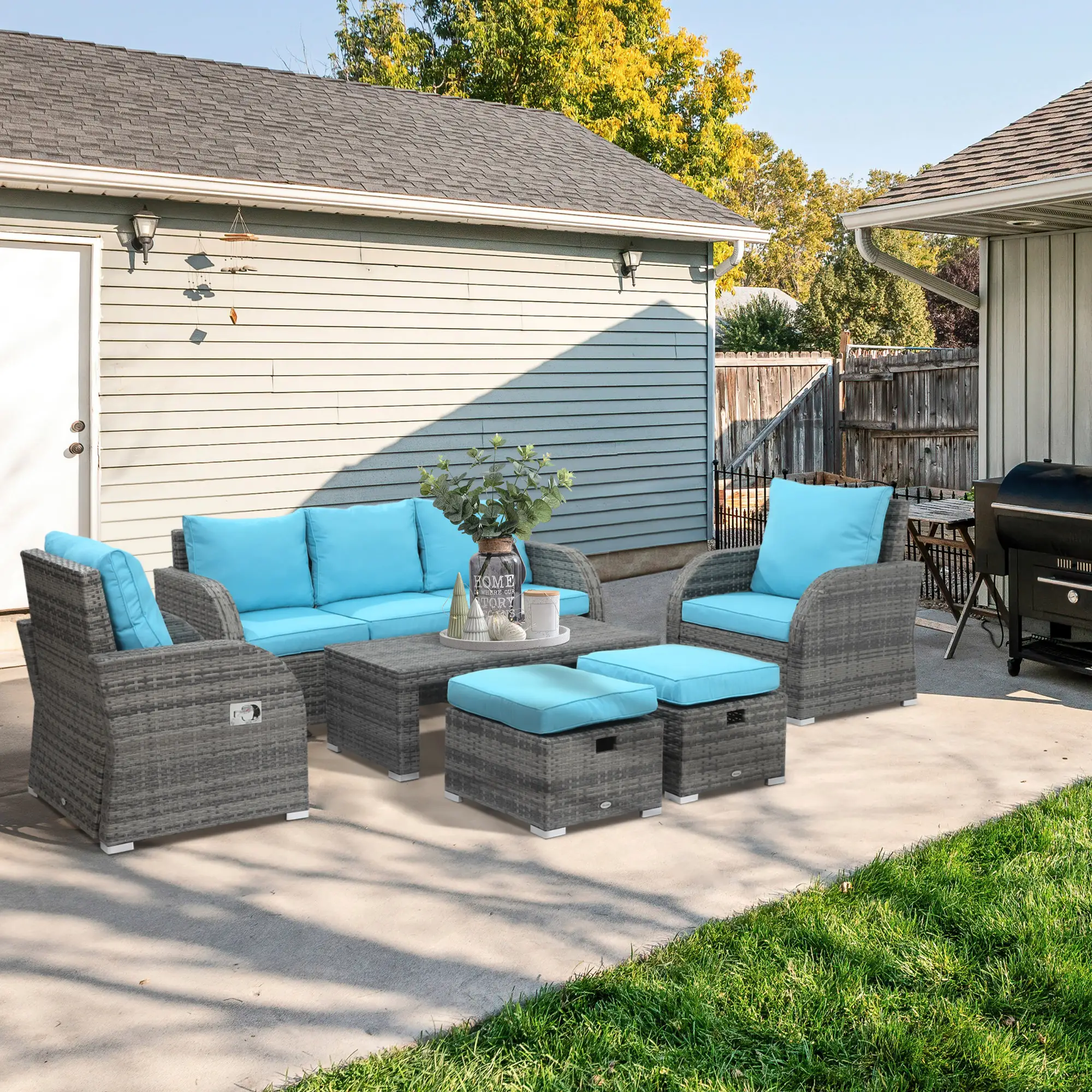 6-Piece Patio Furniture Set, Wicker Sectional Sofa, 2 Recliners, 2 Footstools, Table, Sky Blue - Image 9