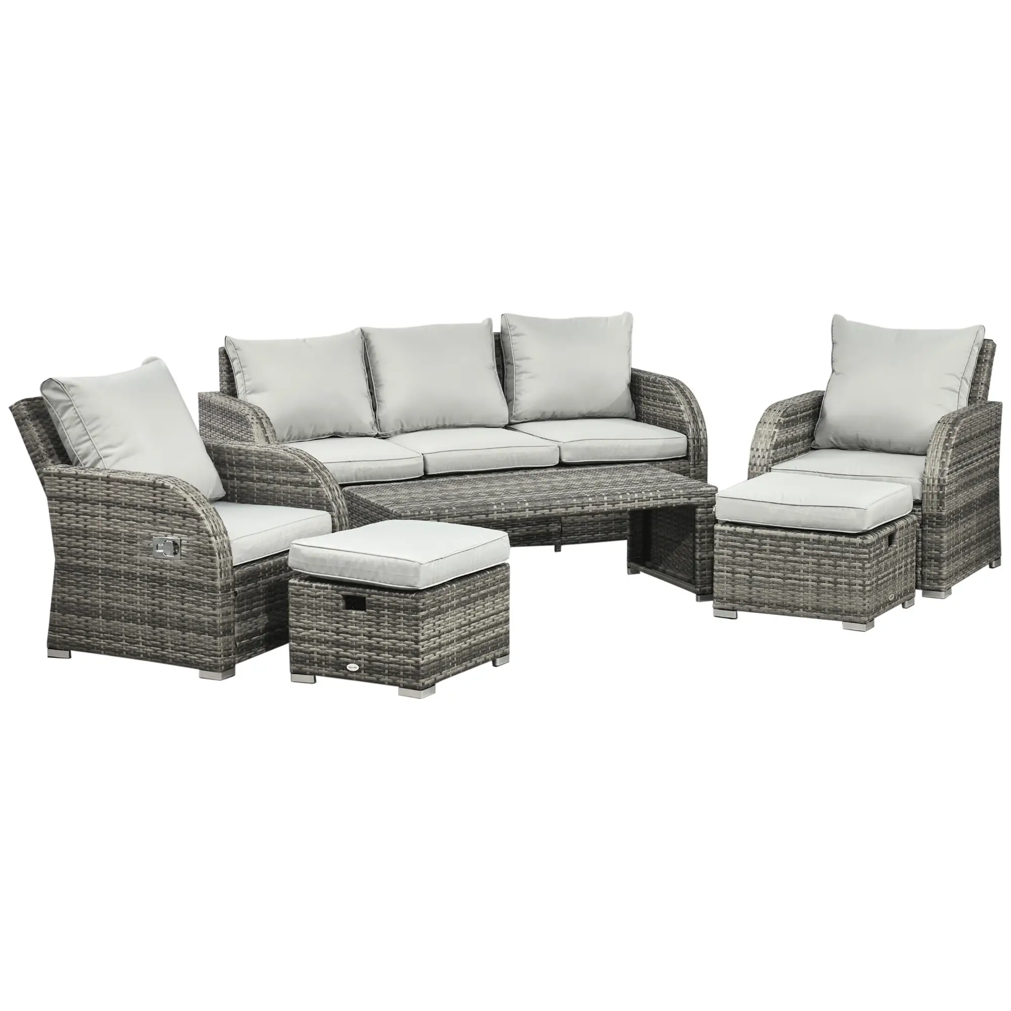 6-Piece Patio Furniture Set, Wicker Sectional Sofa, 3-Seat, 2 Recliners, 2 Footstools, Table, Light Grey