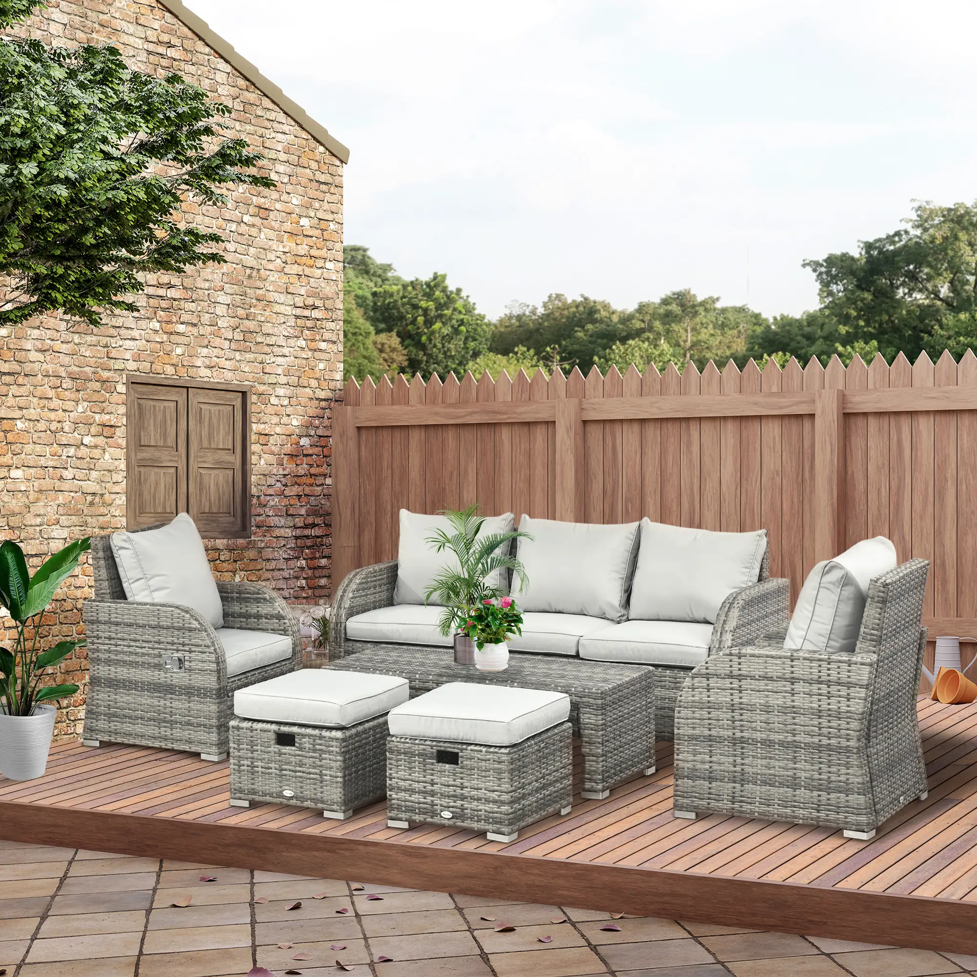 6-Piece Patio Furniture Set, Wicker Sectional Sofa, 3-Seat, 2 Recliners, 2 Footstools, Table, Light Grey - Image 10