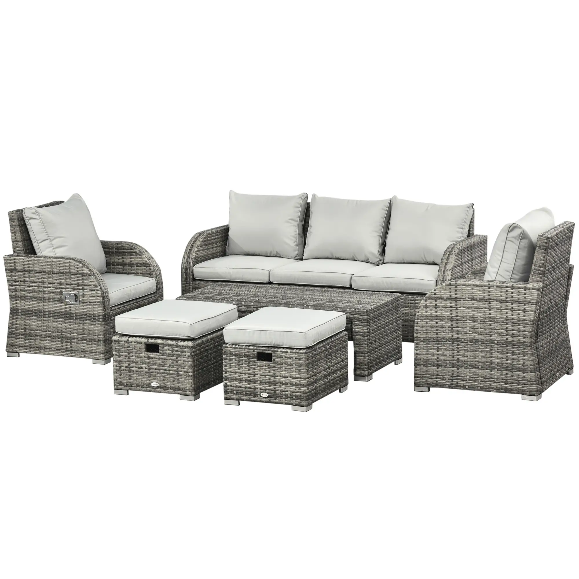 6-Piece Patio Furniture Set, Wicker Sectional Sofa, 3-Seat, 2 Recliners, 2 Footstools, Table, Light Grey - Image 11