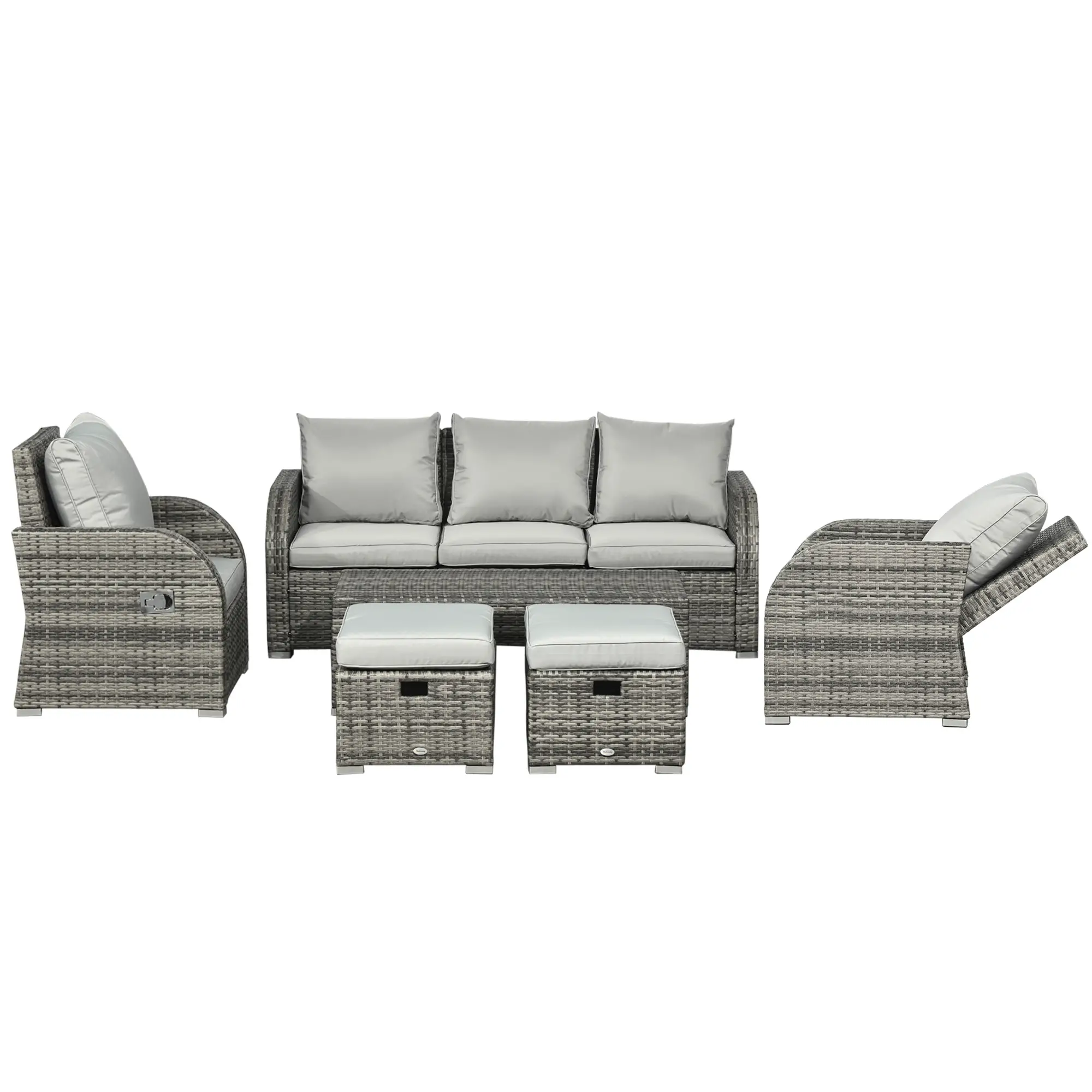 6-Piece Patio Furniture Set, Wicker Sectional Sofa, 3-Seat, 2 Recliners, 2 Footstools, Table, Light Grey - Image 12