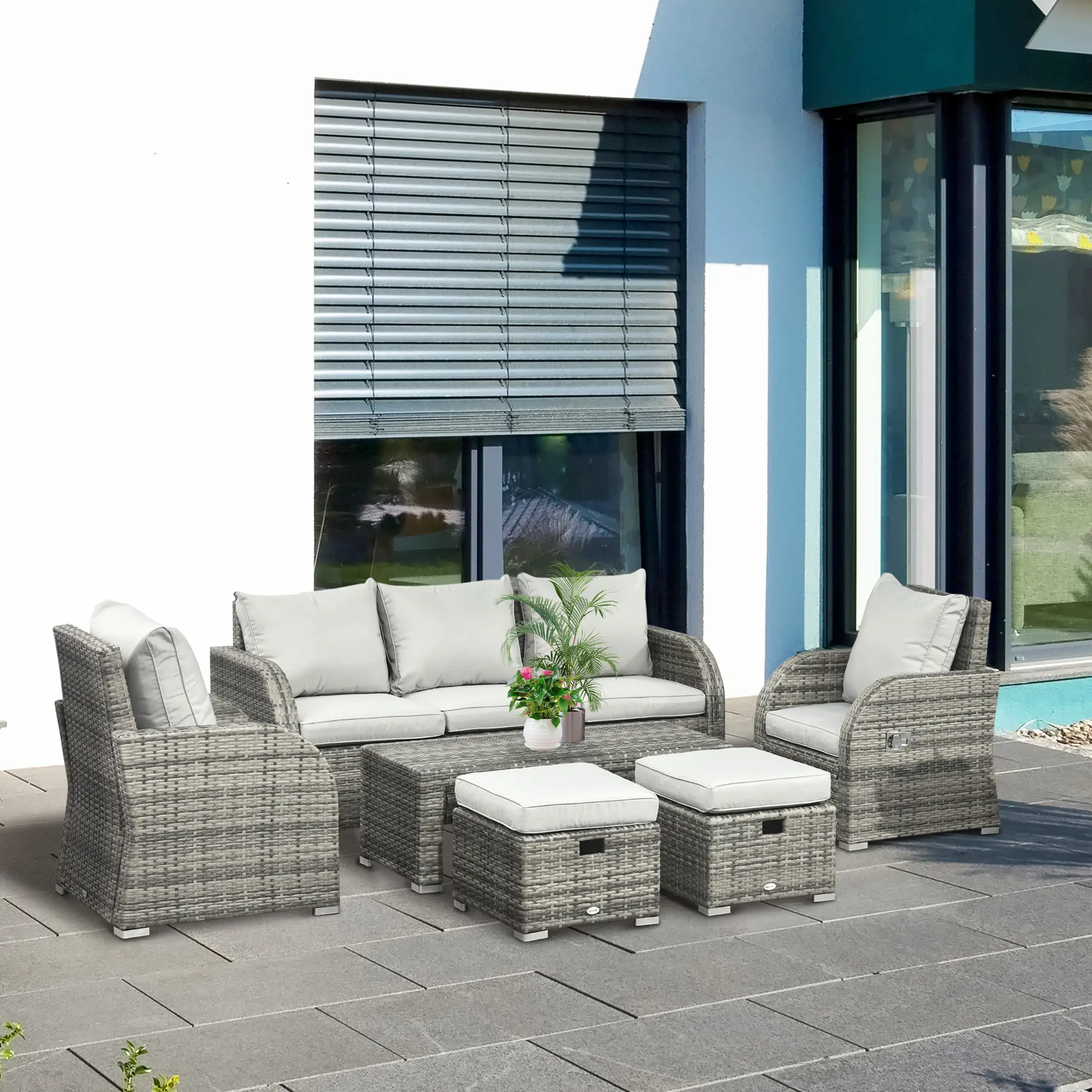 6-Piece Patio Furniture Set, Wicker Sectional Sofa, 3-Seat, 2 Recliners, 2 Footstools, Table, Light Grey - Image 2