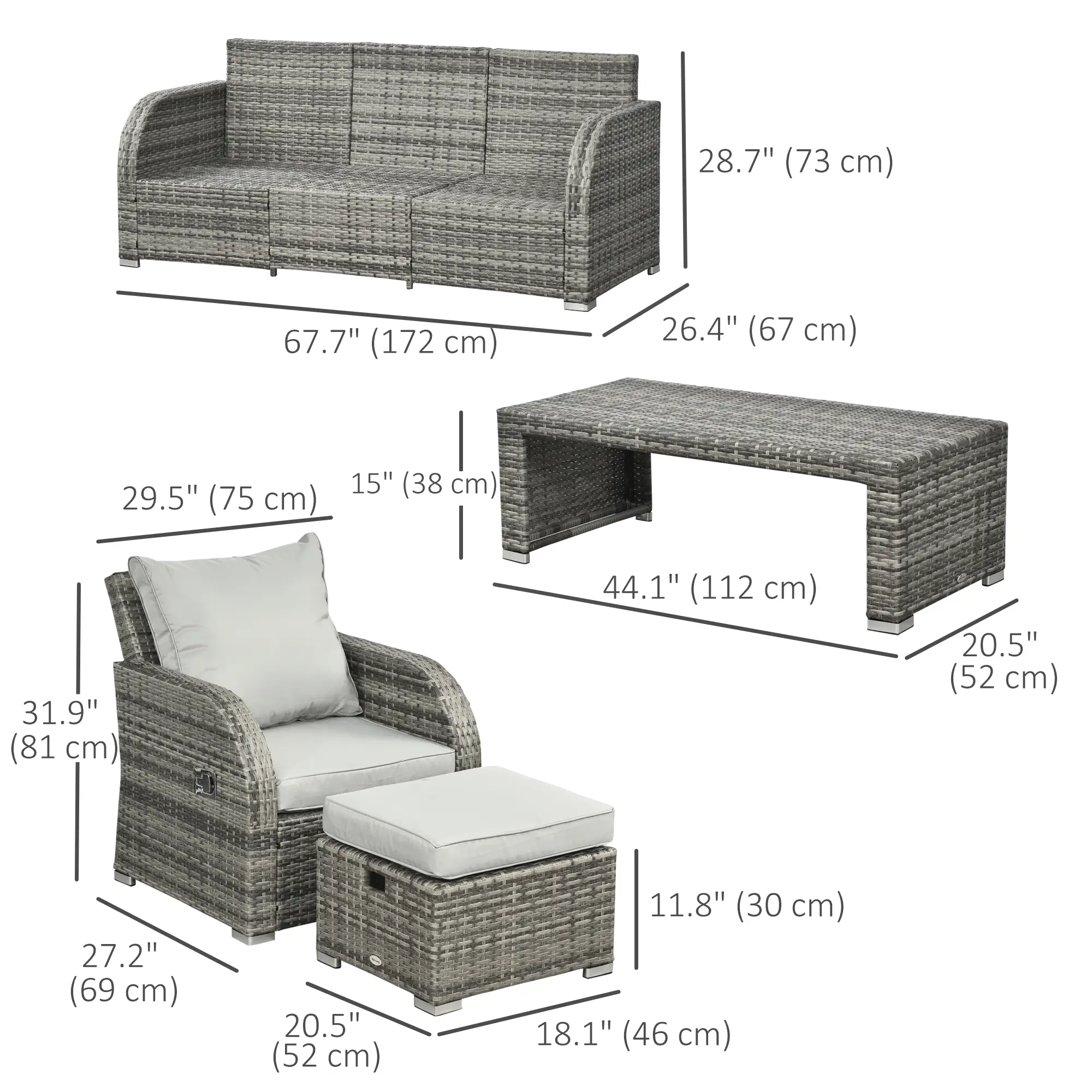 6-Piece Patio Furniture Set, Wicker Sectional Sofa, 3-Seat, 2 Recliners, 2 Footstools, Table, Light Grey - Image 3