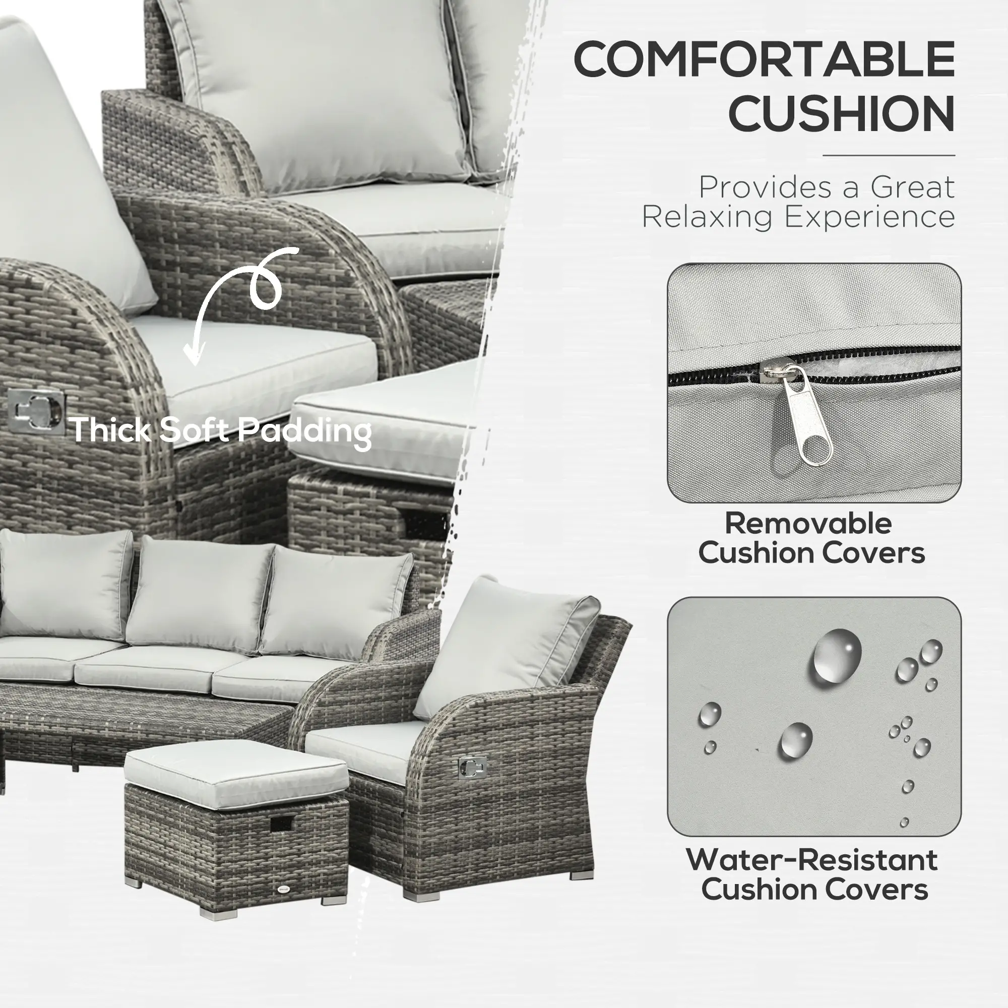 6-Piece Patio Furniture Set, Wicker Sectional Sofa, 3-Seat, 2 Recliners, 2 Footstools, Table, Light Grey - Image 6