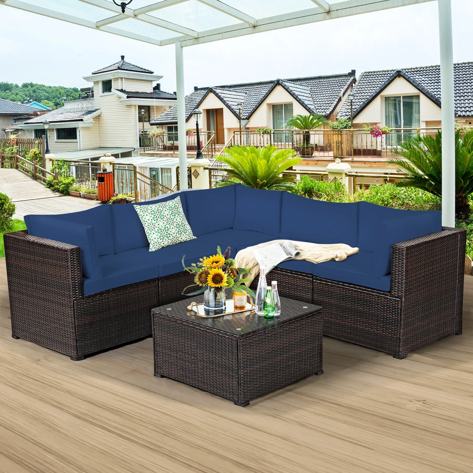 6-Piece Patio Furniture Sofa Set With Cushions, Navy - Image 2