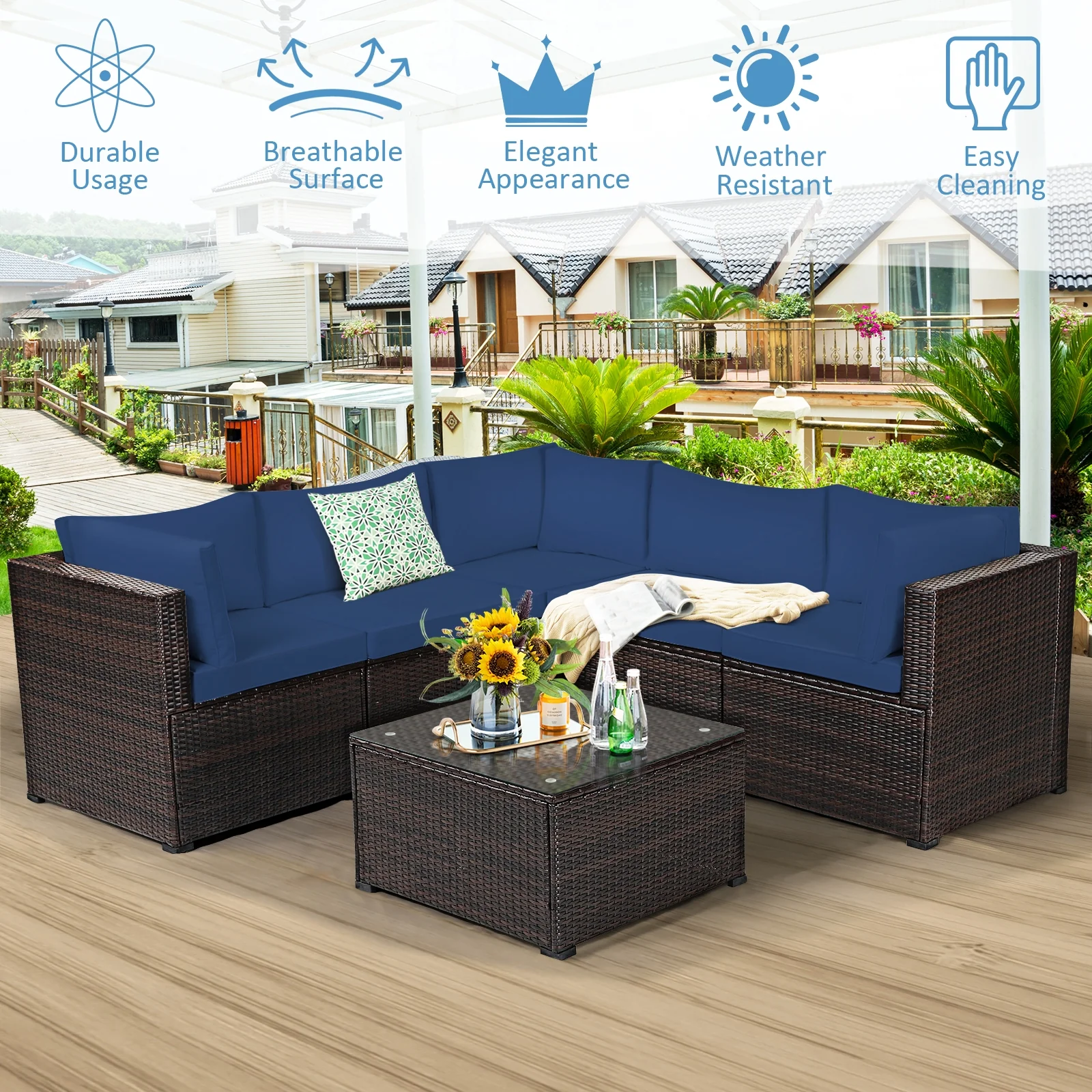 6-Piece Patio Furniture Sofa Set With Cushions, Navy - Image 3