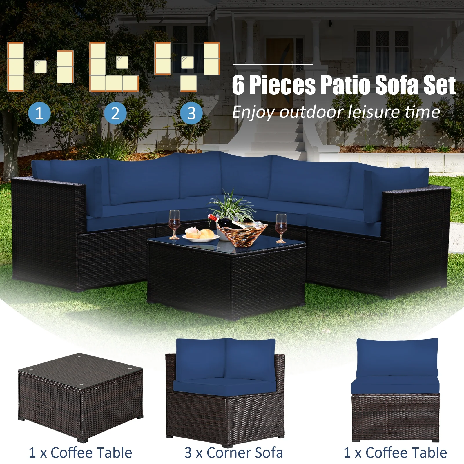 6-Piece Patio Furniture Sofa Set With Cushions, Navy - Image 6