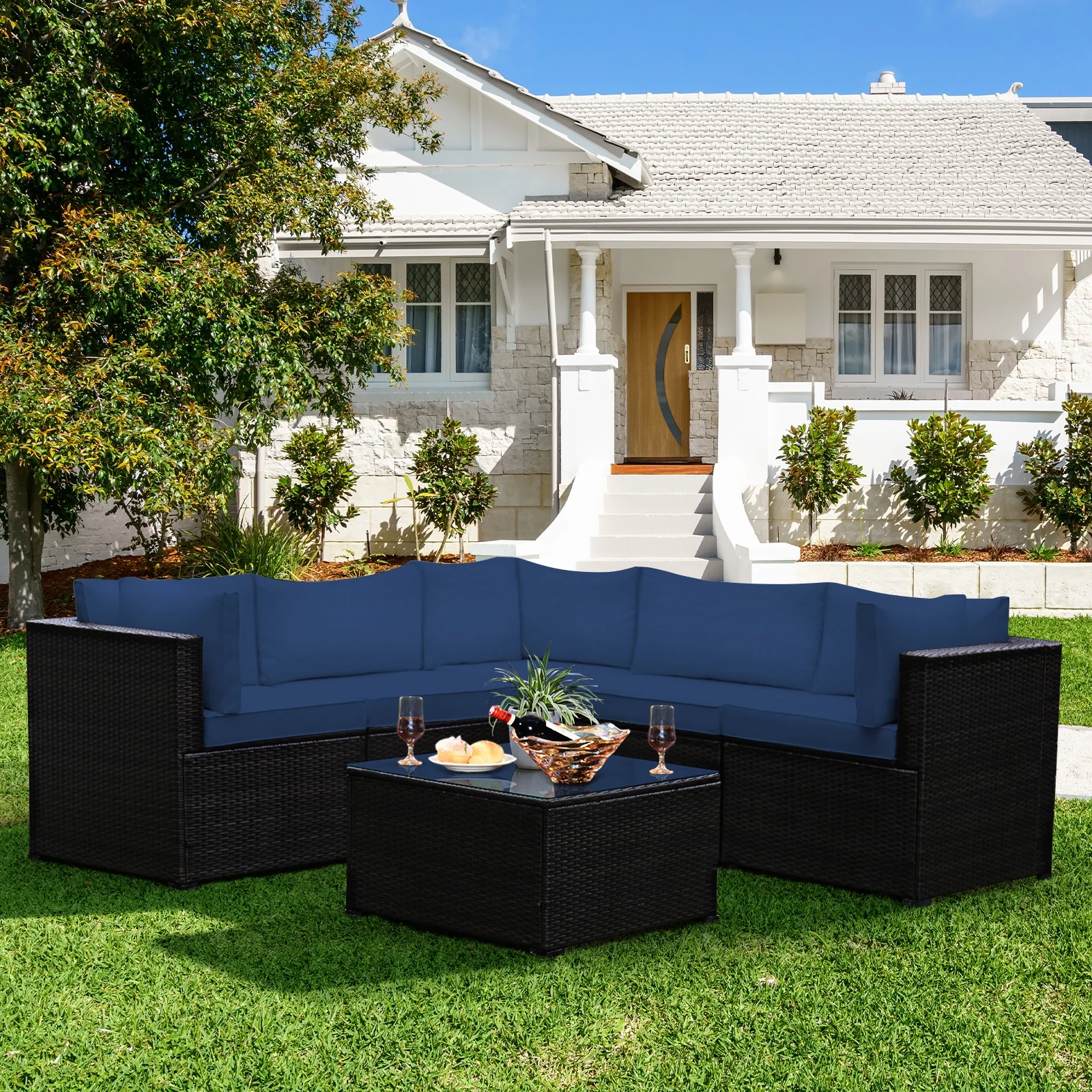 6-Piece Patio Furniture Sofa Set With Cushions, Navy - Image 7