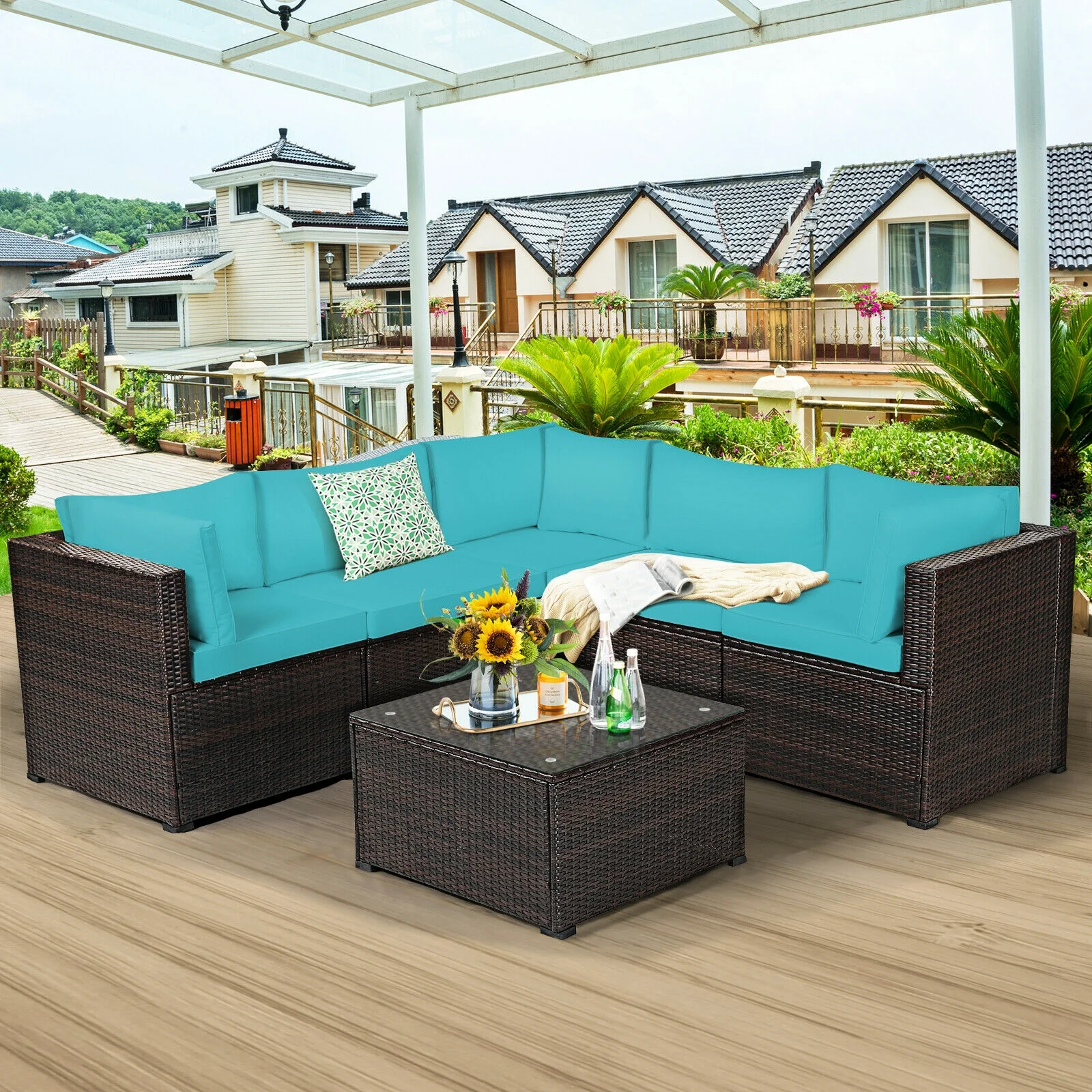 6 Piece Patio Furniture Sofa Set, With Cushions, Turquoise - Image 2