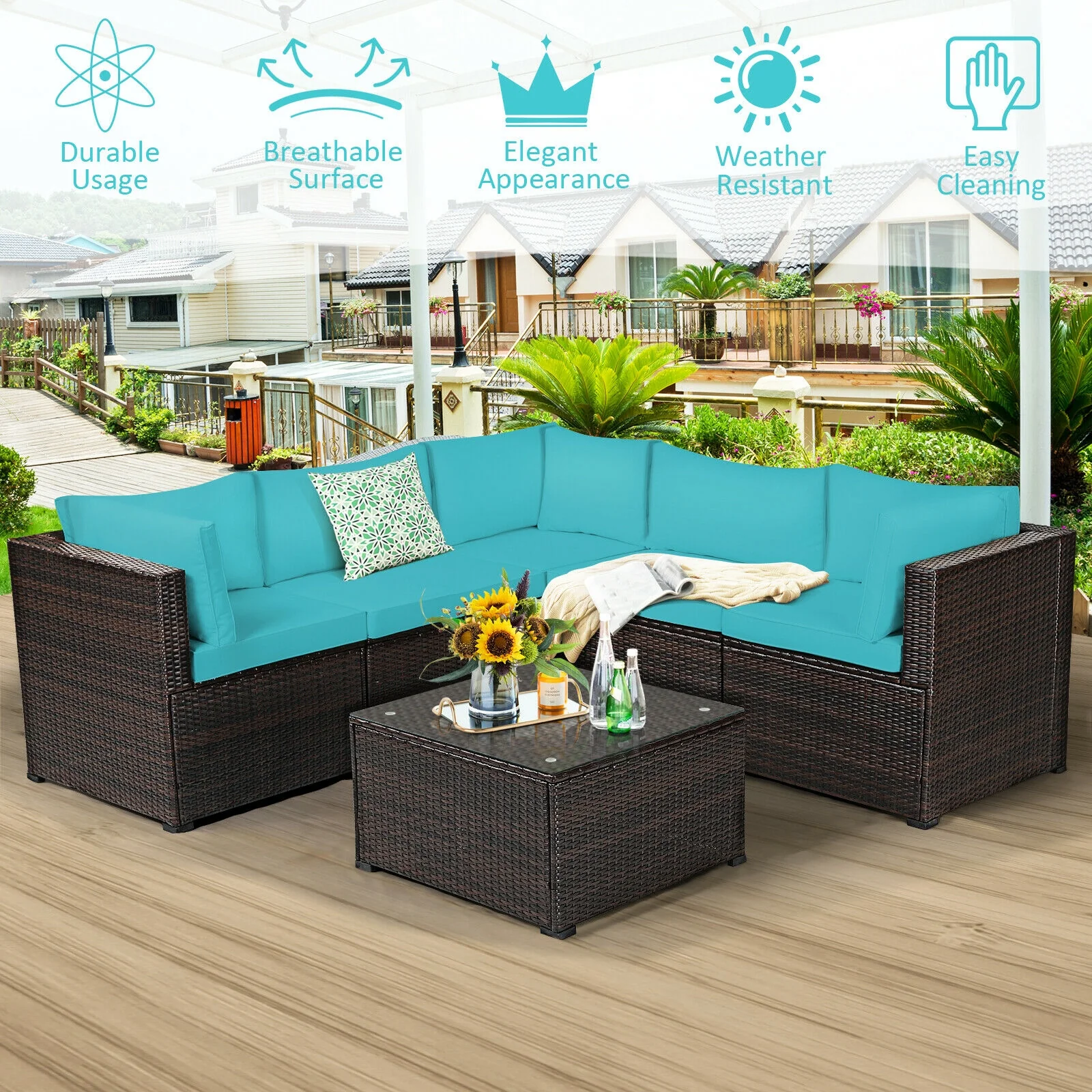 6 Piece Patio Furniture Sofa Set, With Cushions, Turquoise - Image 3
