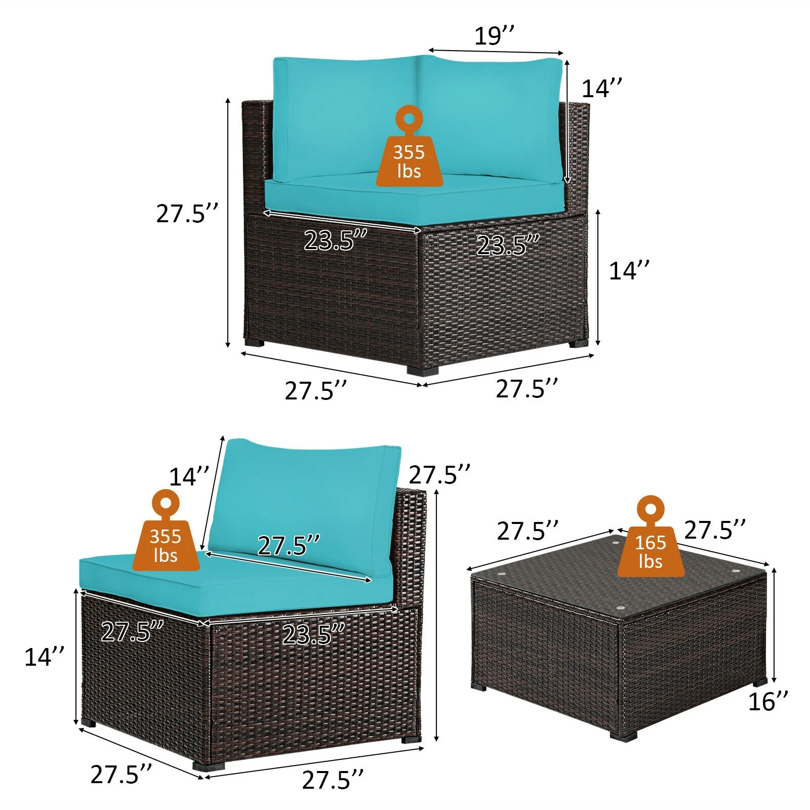 6 Piece Patio Furniture Sofa Set, With Cushions, Turquoise - Image 5