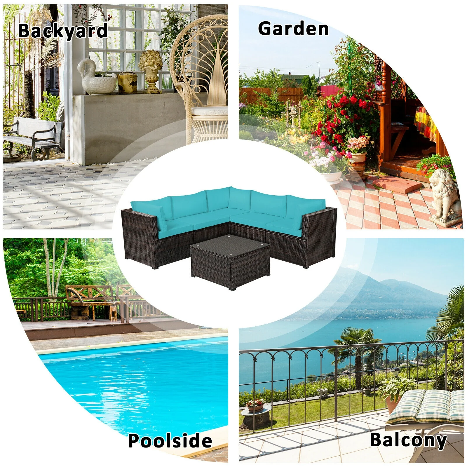 6 Piece Patio Furniture Sofa Set, With Cushions, Turquoise - Image 6