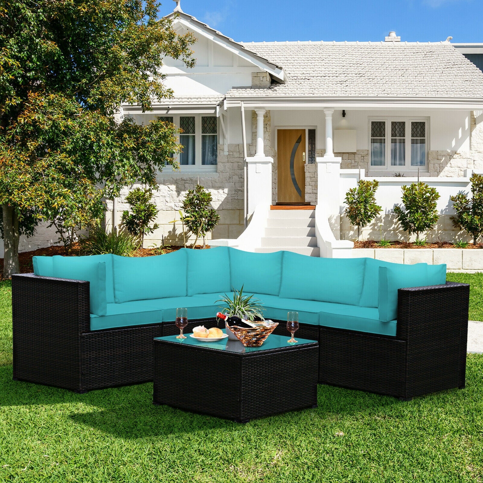 6 Piece Patio Furniture Sofa Set, With Cushions, Turquoise - Image 7