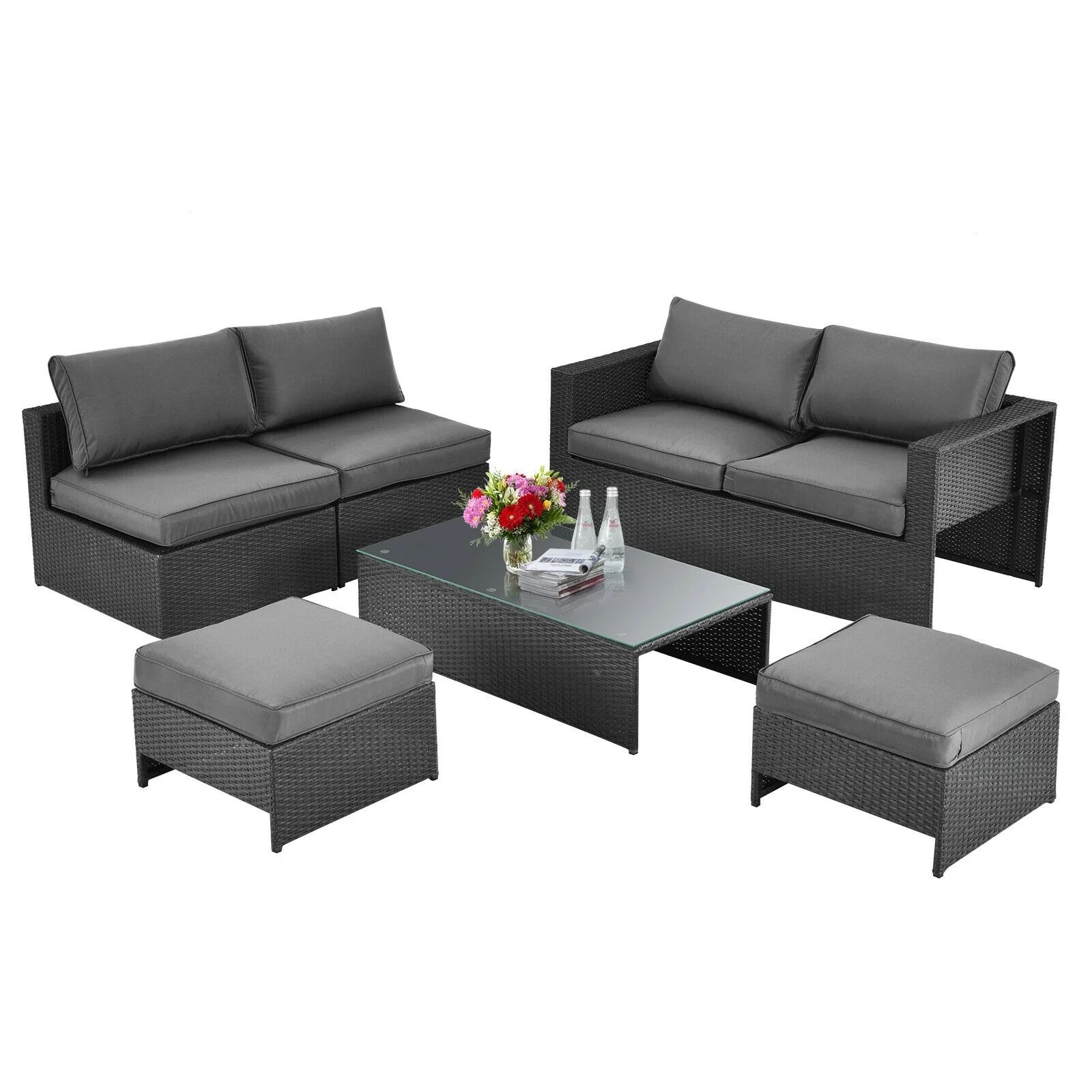 6 Piece Patio Rattan Furniture Set, Cushioned, Gray