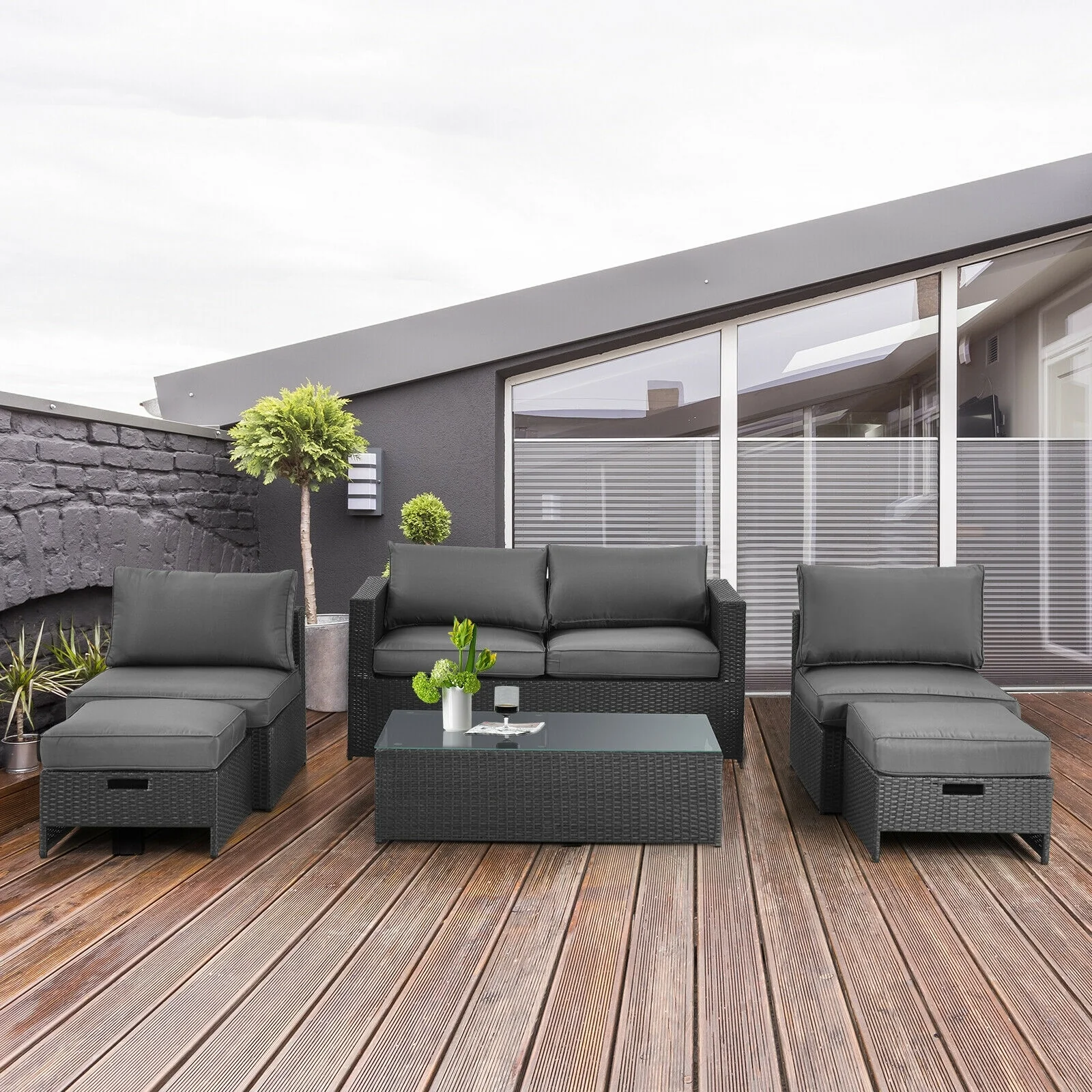 6 Piece Patio Rattan Furniture Set, Cushioned, Gray - Image 2