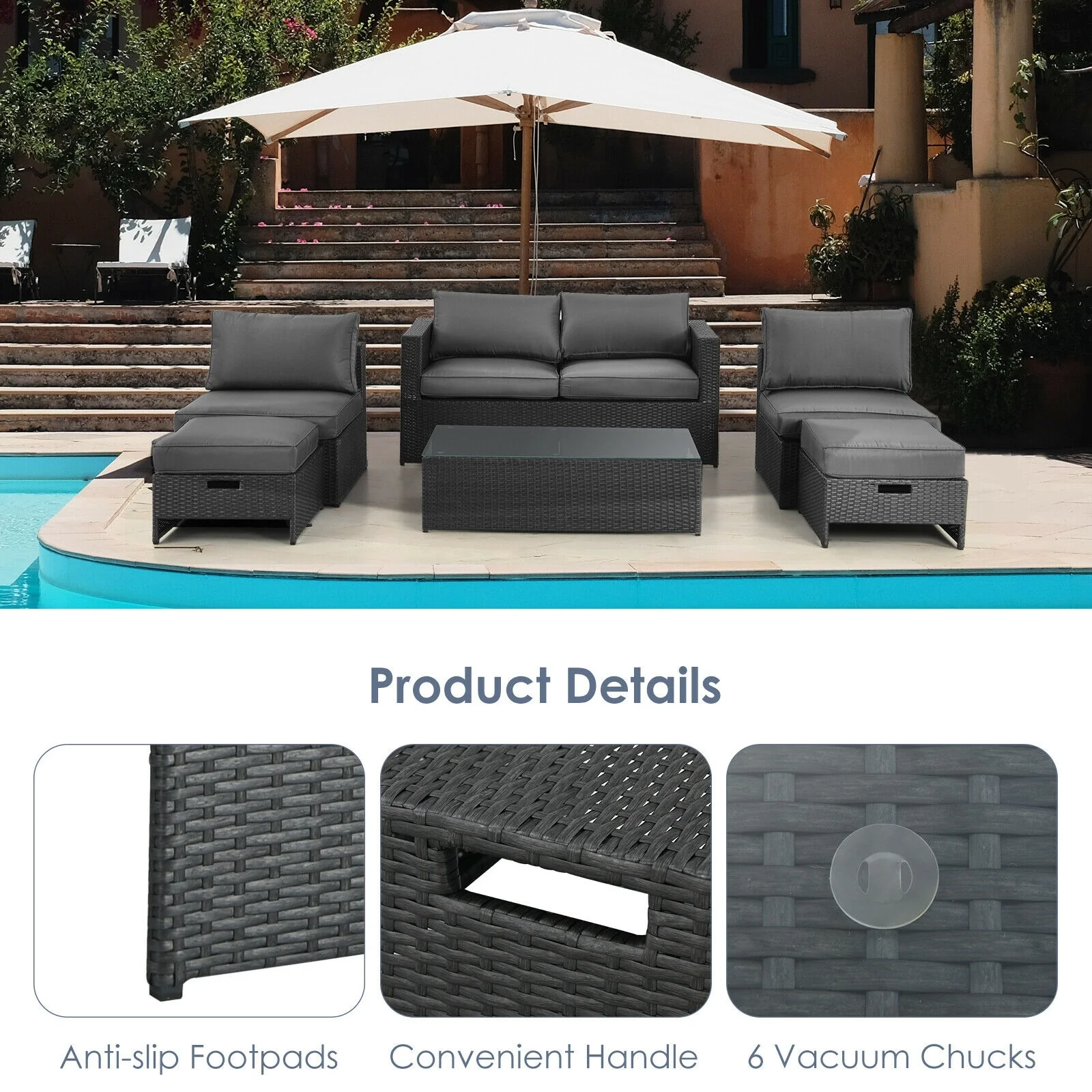 6 Piece Patio Rattan Furniture Set, Cushioned, Gray - Image 3