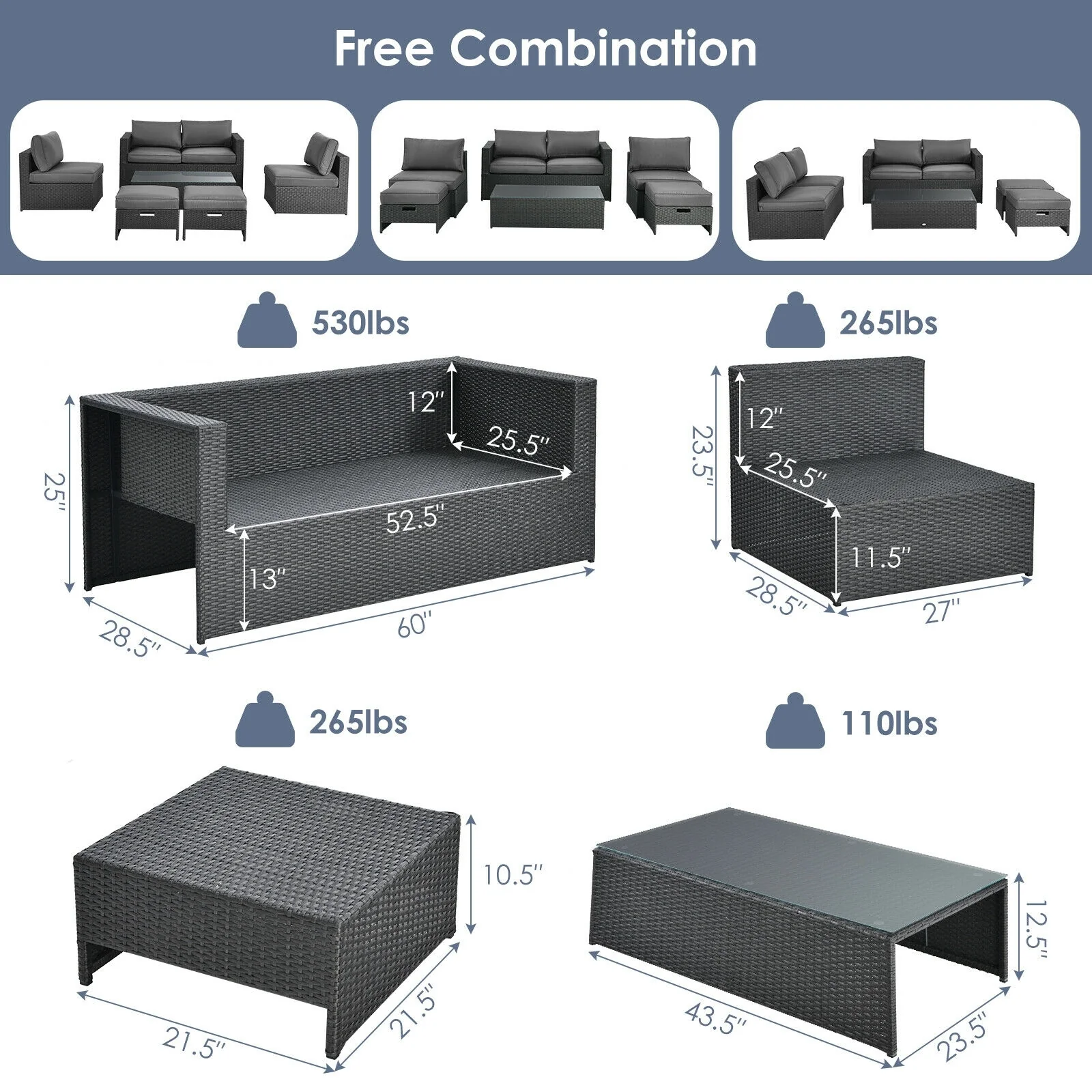 6 Piece Patio Rattan Furniture Set, Cushioned, Gray - Image 5