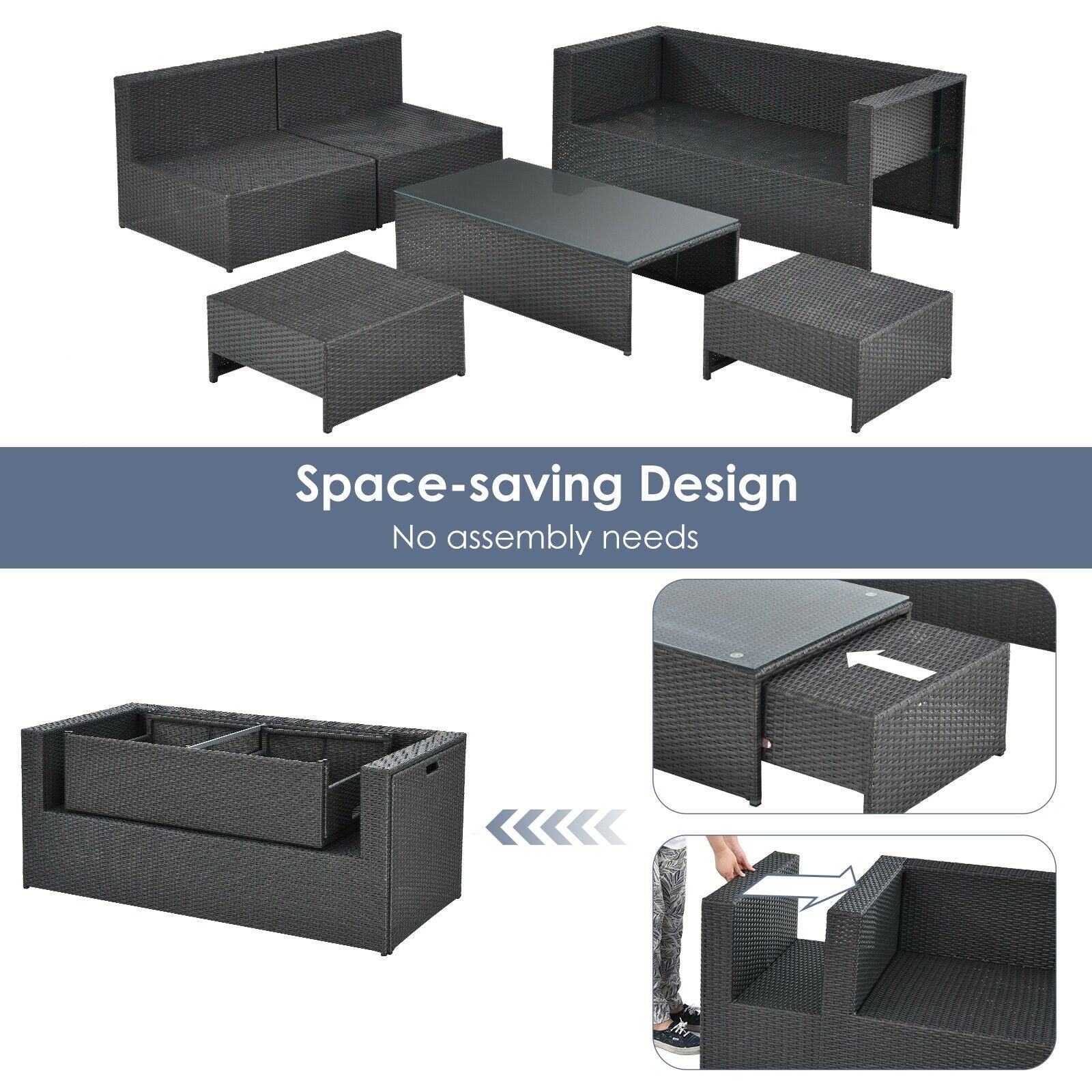 6 Piece Patio Rattan Furniture Set, Cushioned, Gray - Image 6