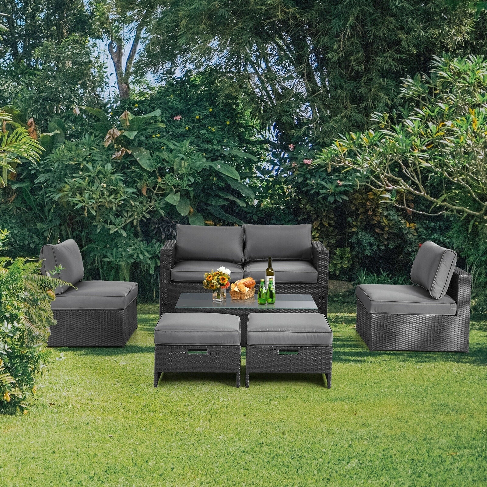 6 Piece Patio Rattan Furniture Set, Cushioned, Gray - Image 7